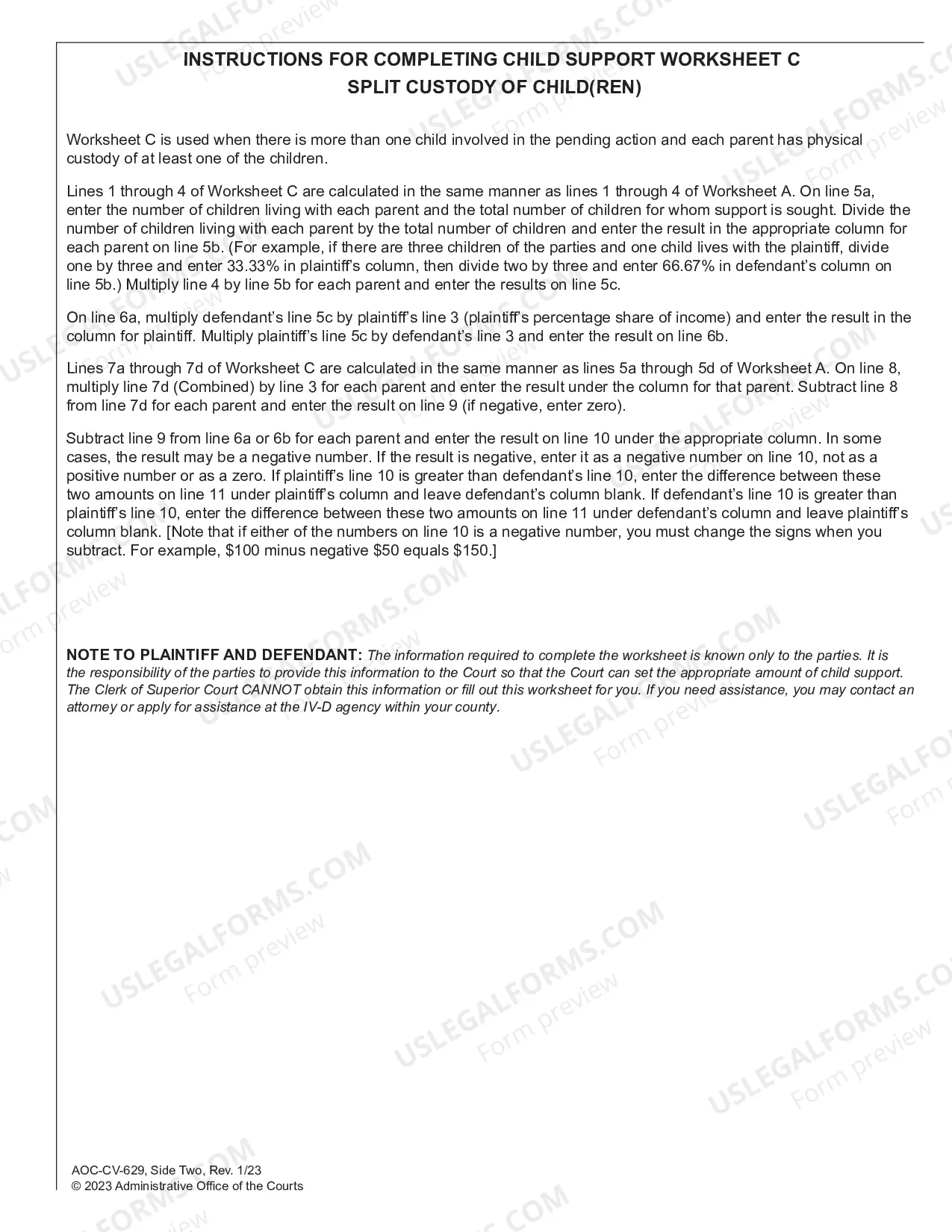 Preview Child Support Worksheet C - Child Support Obligation Split Custody