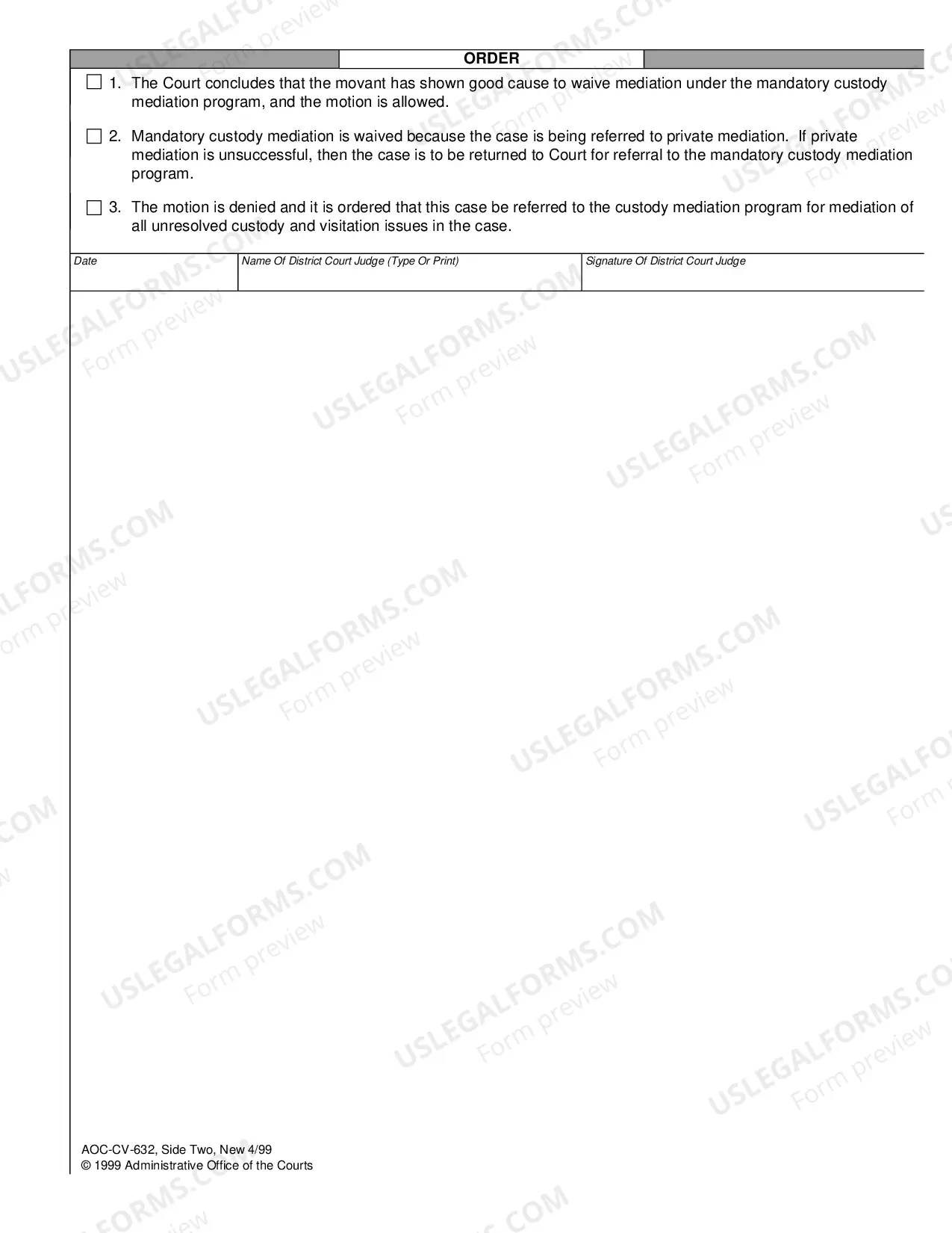 Preview Motion and Order to Waive Custody Mediation