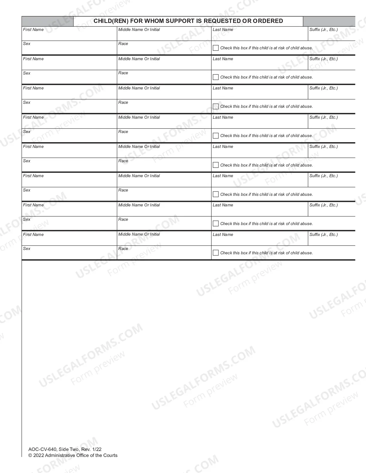 Preview Cover Sheet for Child Support Cases - Non-IV-D Only