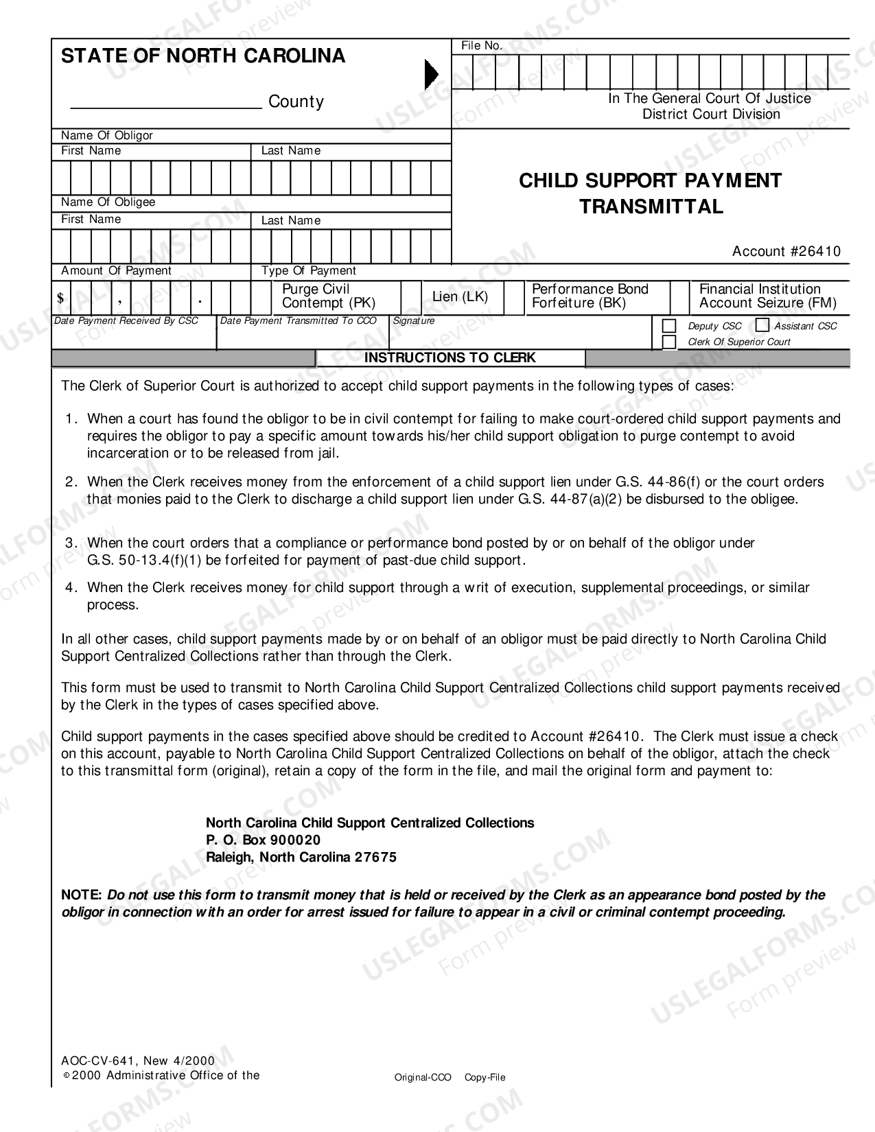 North Carolina Child Support Payment Transmittal US Legal Forms