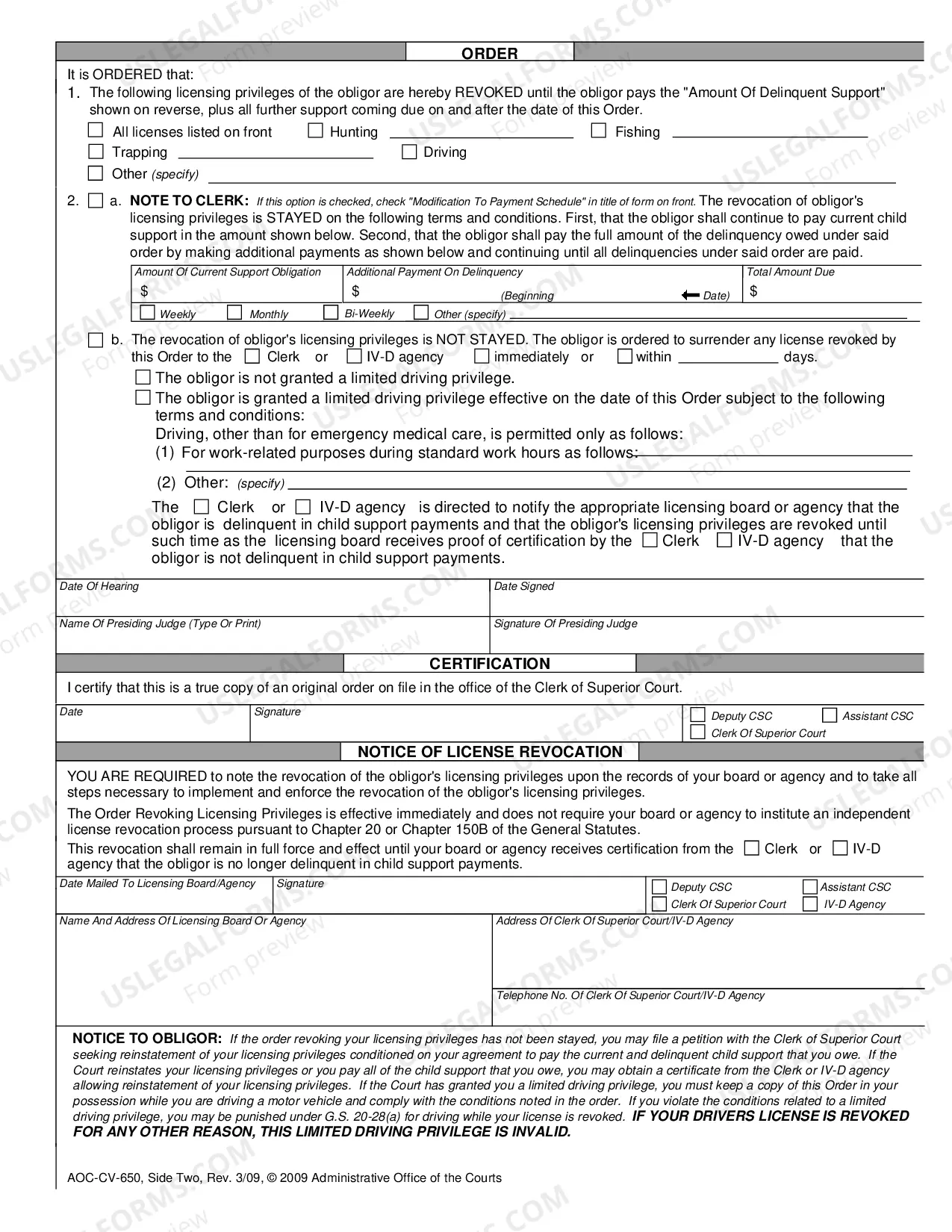 Preview Order Revoking Obligor's Licensing Privileges and Notice to Agency - Modification to Payment Schedule