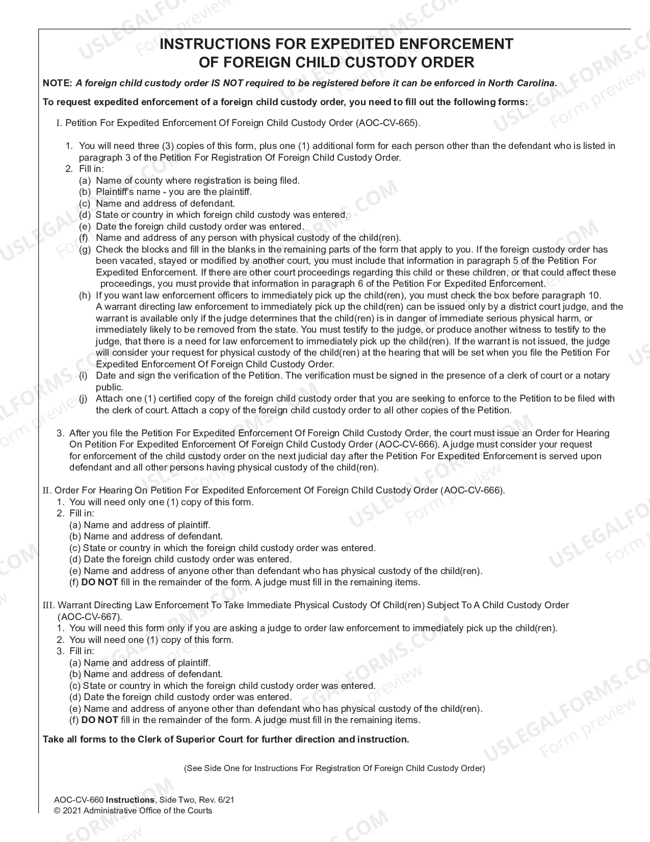 Preview Instructions for Registration of Foreign Child Custody Order