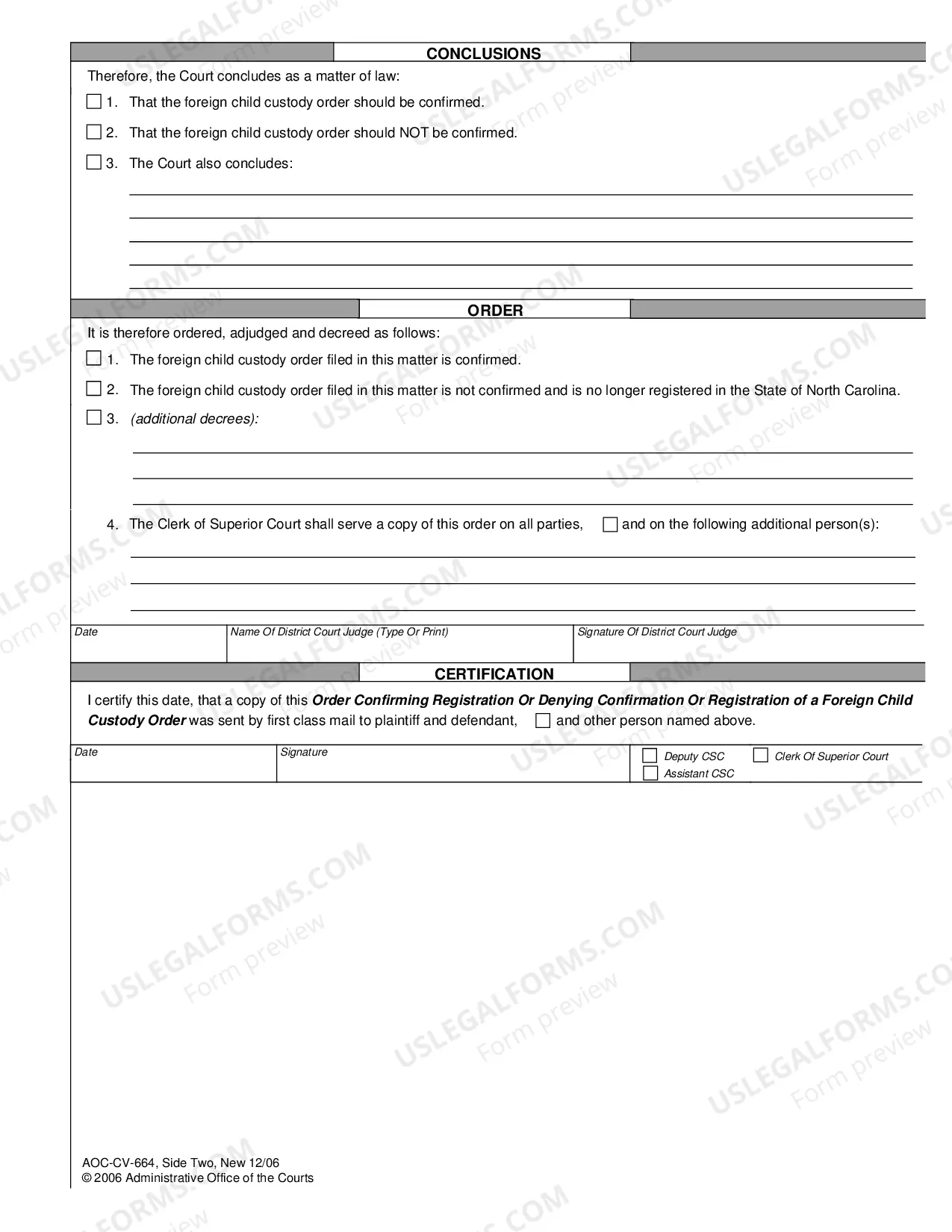 Preview Order Confirming Registration or Denying Confirmation of Registration of Foreign Child Custody Order