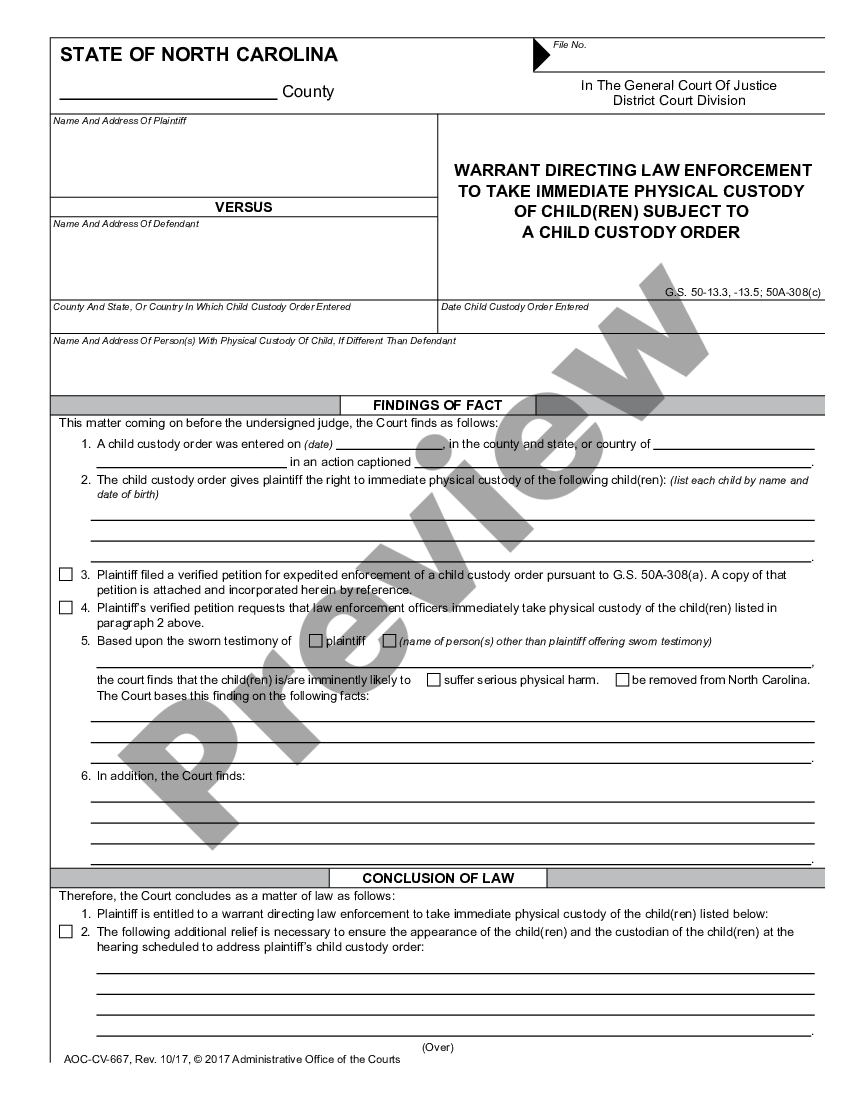 WinstonSalem North Carolina Warrant Directing Law Enforcement to Take