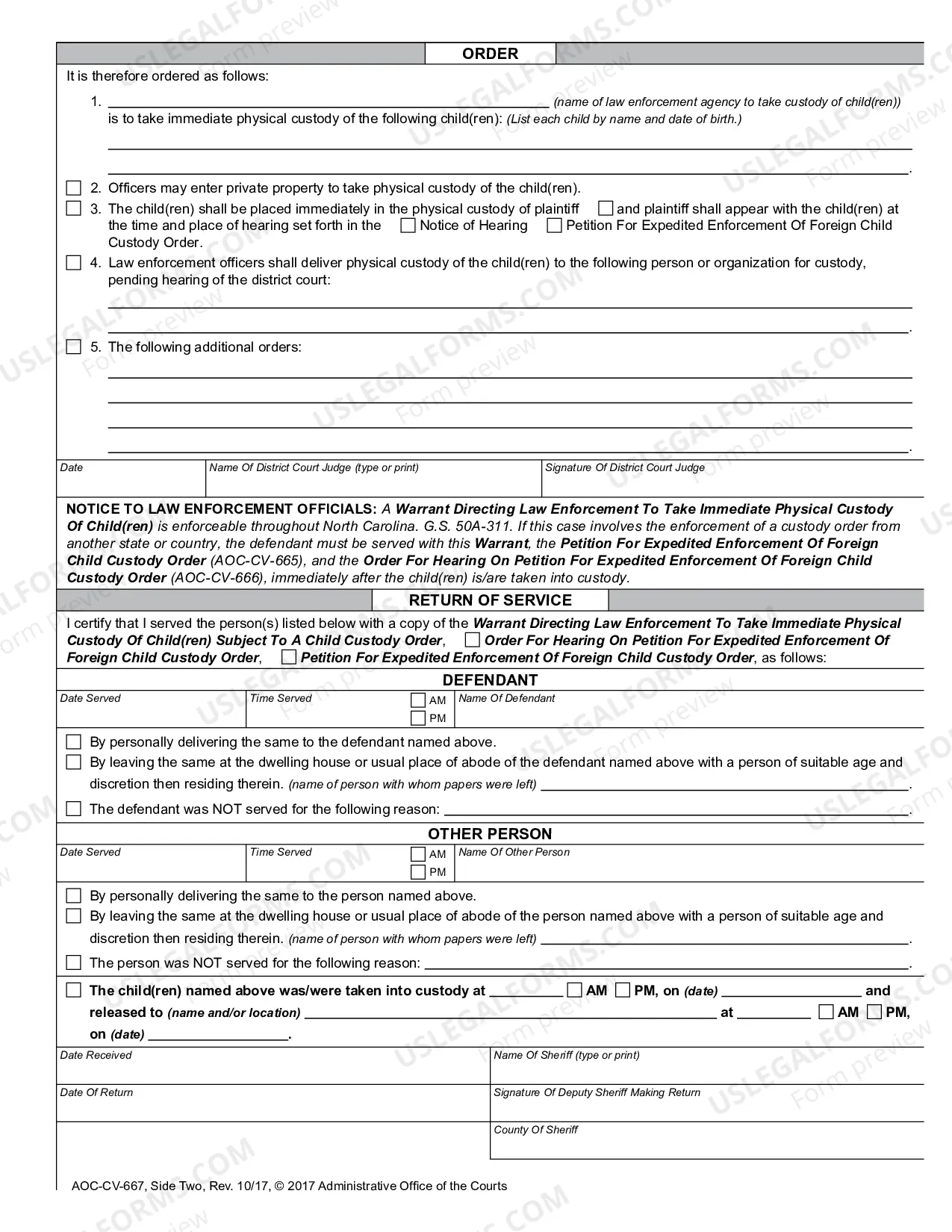Preview Warrant Directing Law Enforcement to Take Immediate Physical Custody of Child(ren) Subject to Foreign Child Custody Order