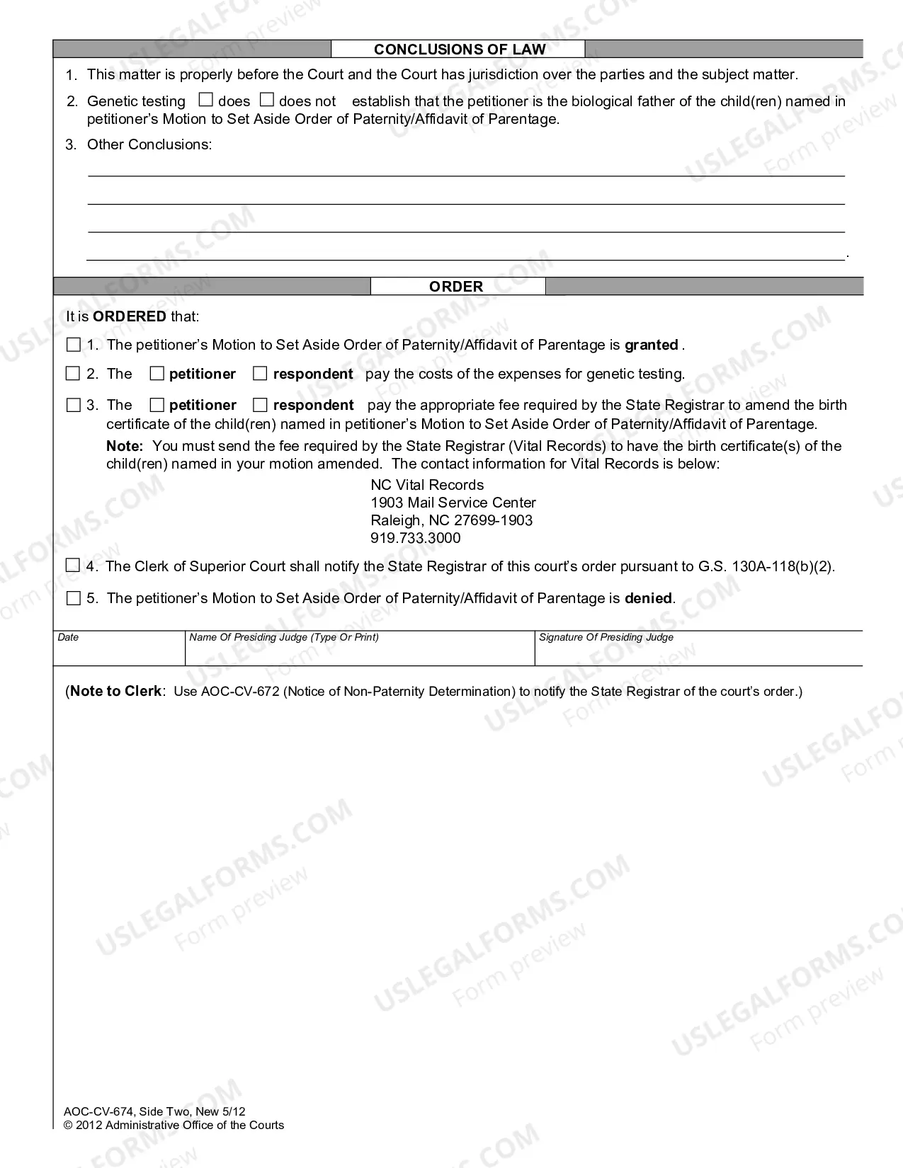 Preview Order Granting Denying Setting Aside Affidavit of Parentage or Prior Order of Paternity