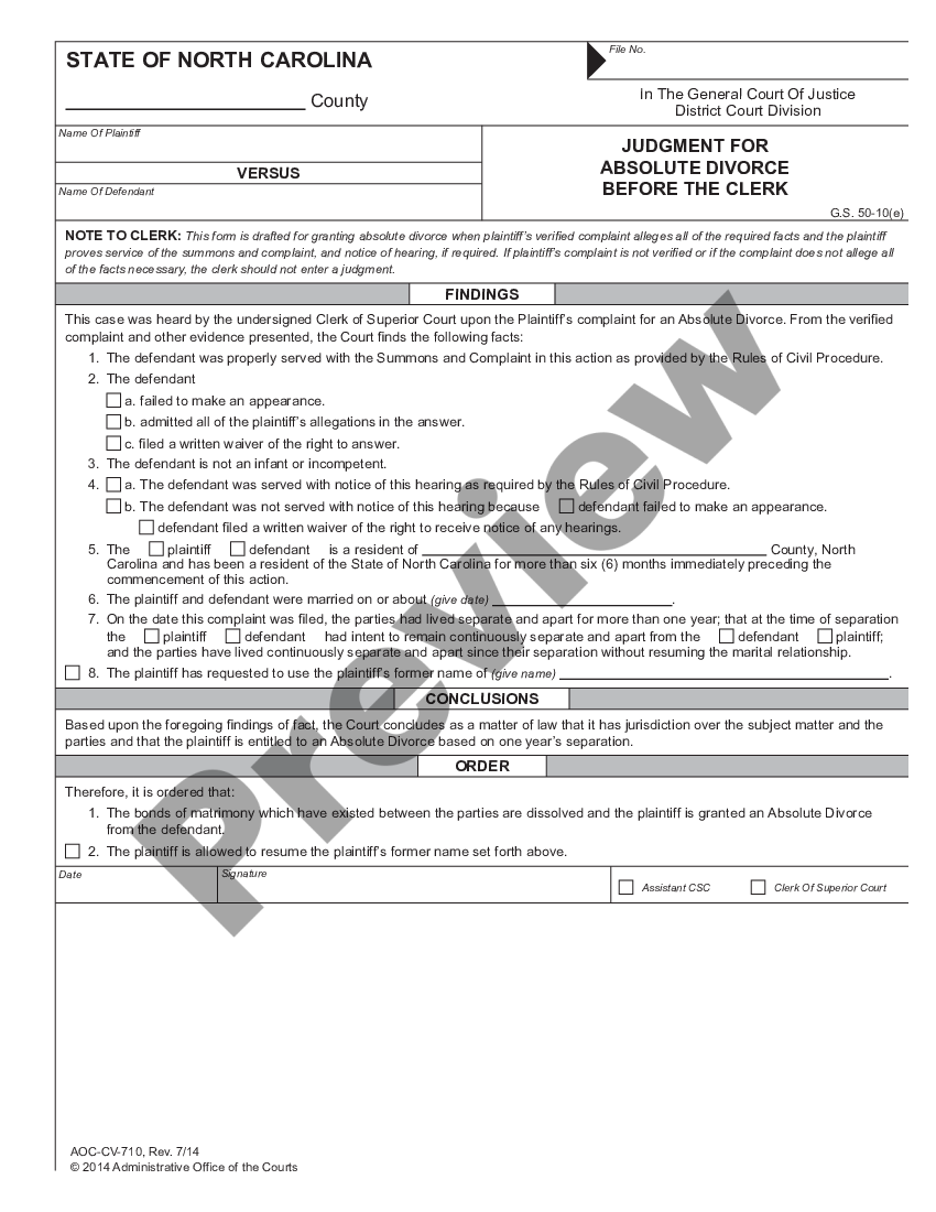 North Carolina Judgment for Absolute Divorce Before the Clerk US