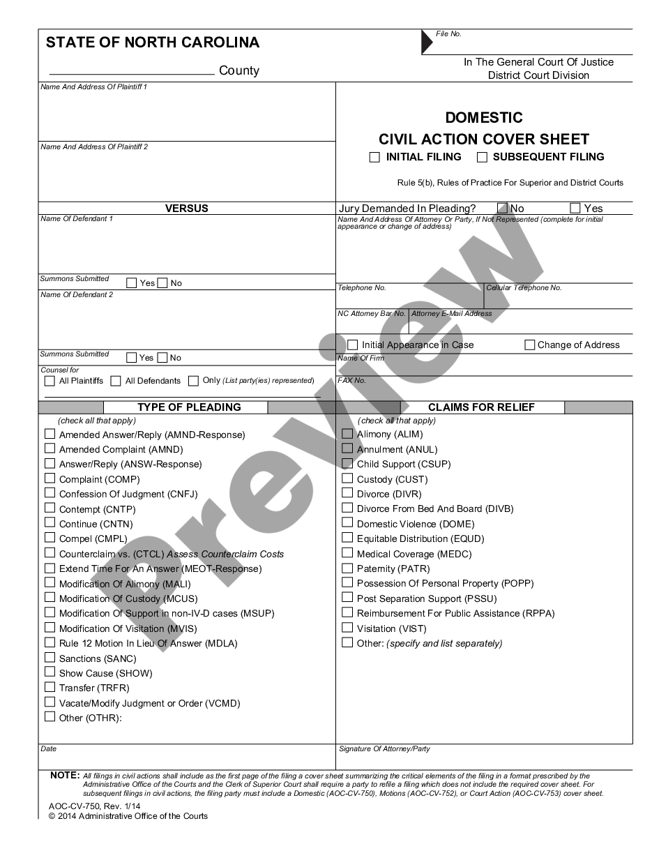 North Carolina Domestic Civil Action Cover Sheet Domestic Civil
