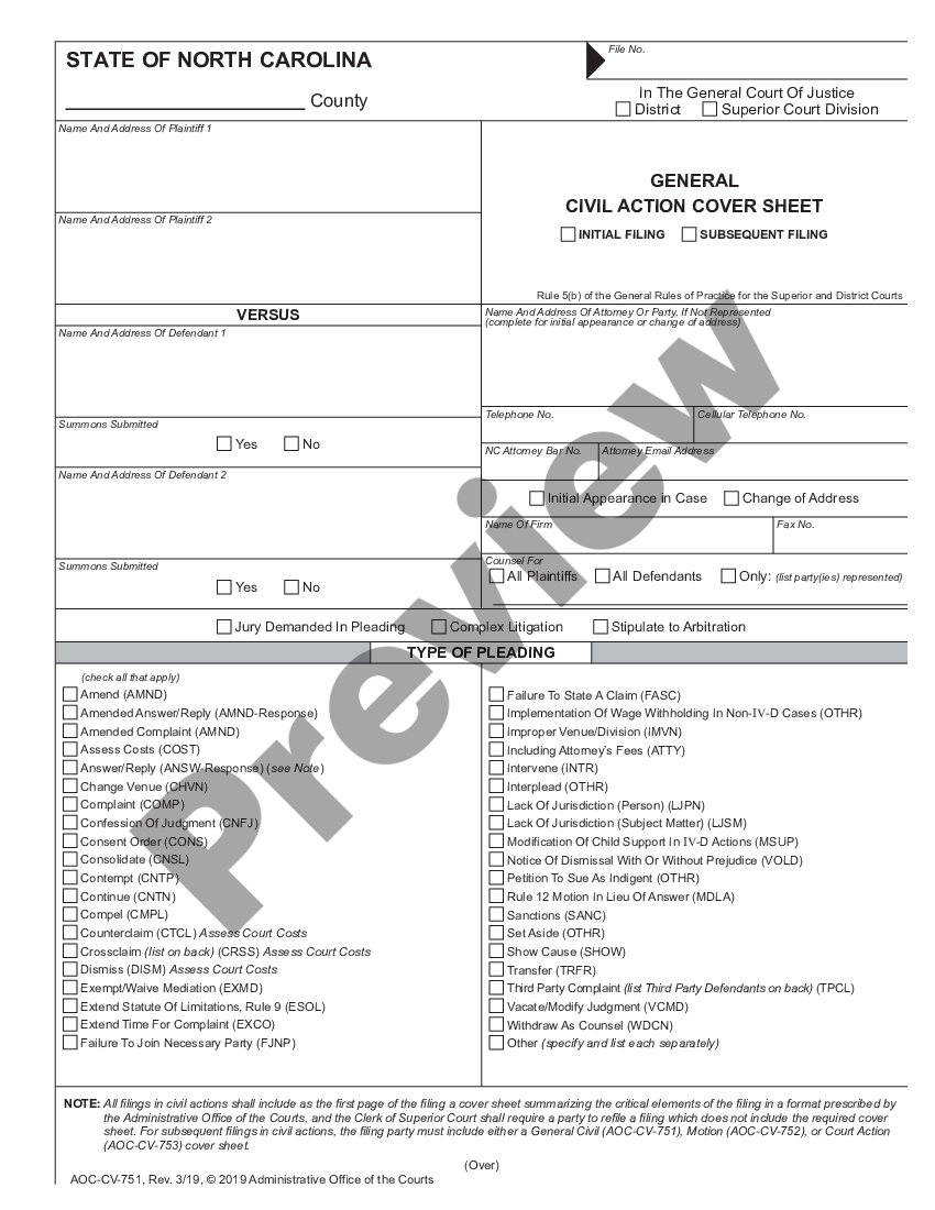 North Carolina Civil Action Cover Sheet Aoc Cv 751 Us Legal Forms