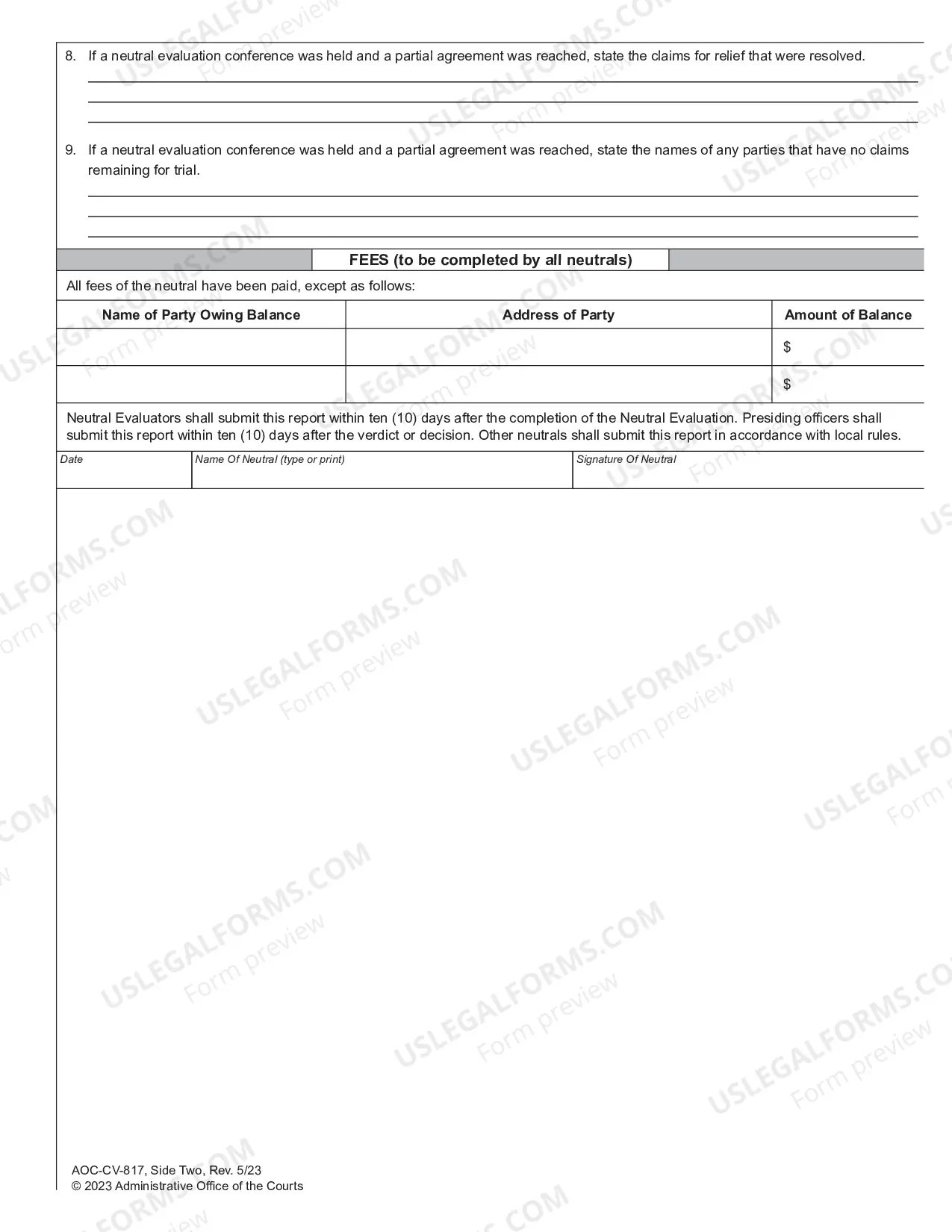 Preview Report of Neutral Conducting Settlement Procedure Other Than Mediated Settlement Conference or Arbitration in Superior Court Civil Action