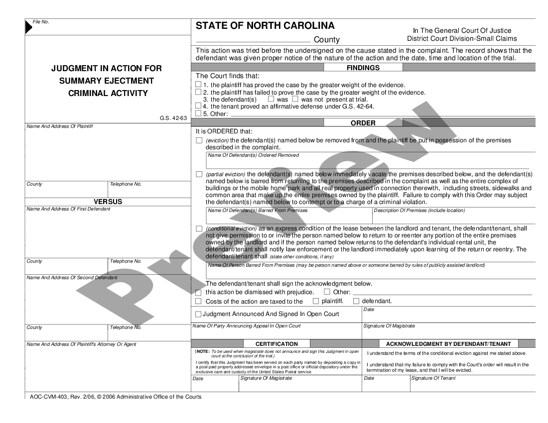 North Carolina Judgment in Action for Summary Ejectment Criminal
