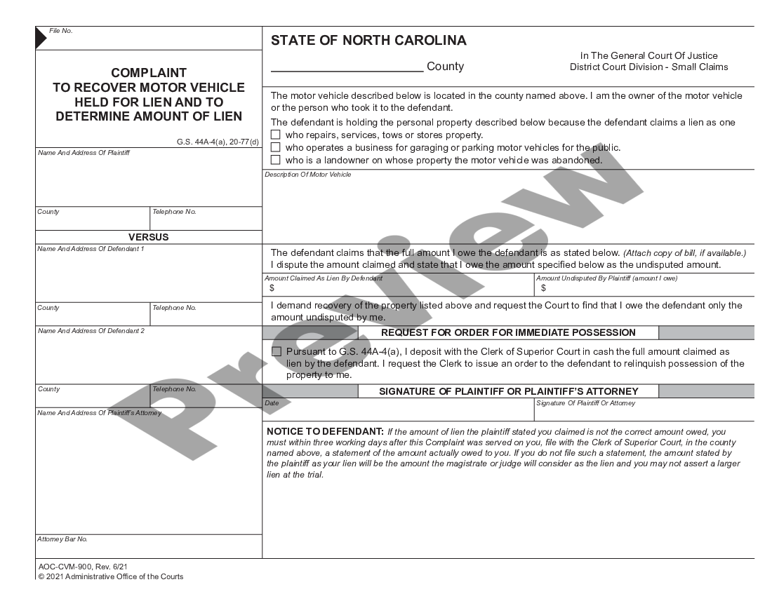 North Carolina Complaint to Recover Personal Property Held for Lien and