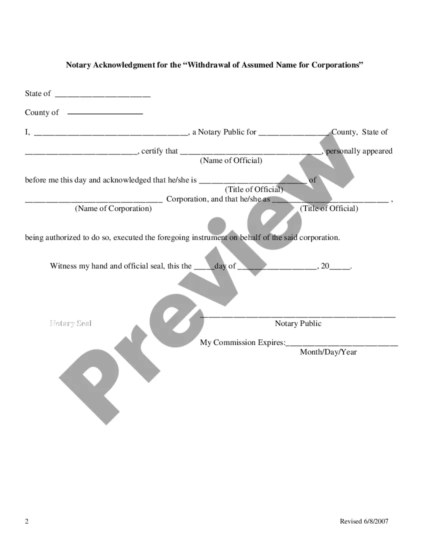 Preview Withdrawal of Assumed Name by a Corporation