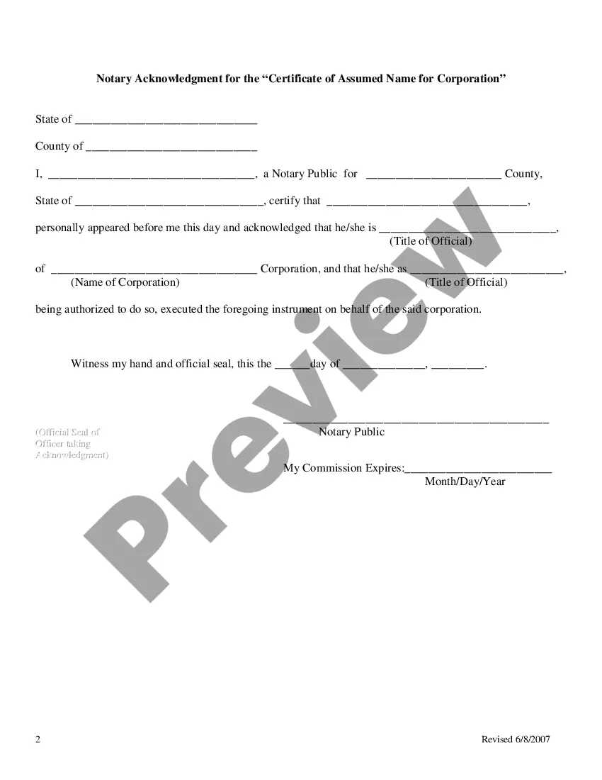 Get Certificate of Assumed Name for a Corporation Preview Certificate of Assumed Name for a Corporation