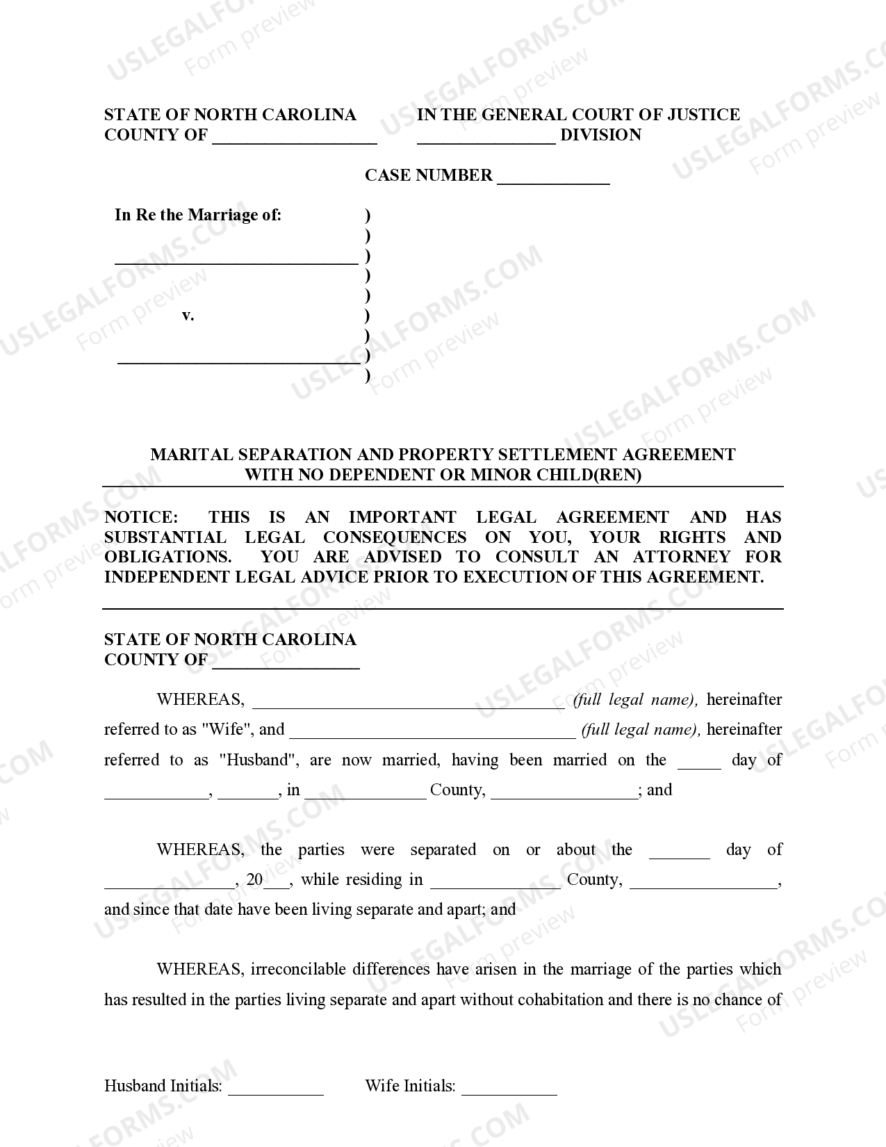 North Carolina Marital Domestic Separation and Property Settlement