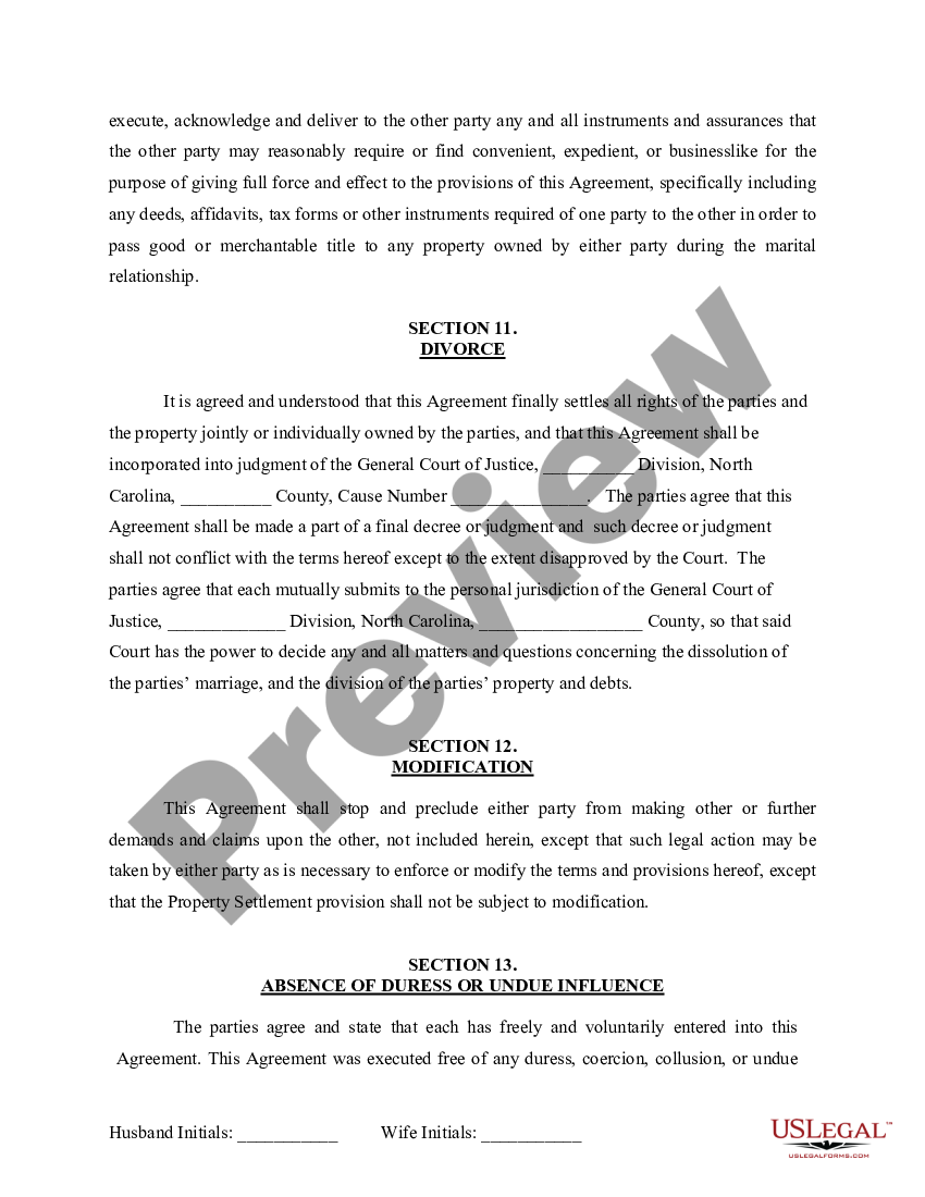 North Carolina Marital Domestic Separation And Property Settlement Agreement For Persons With No 7133