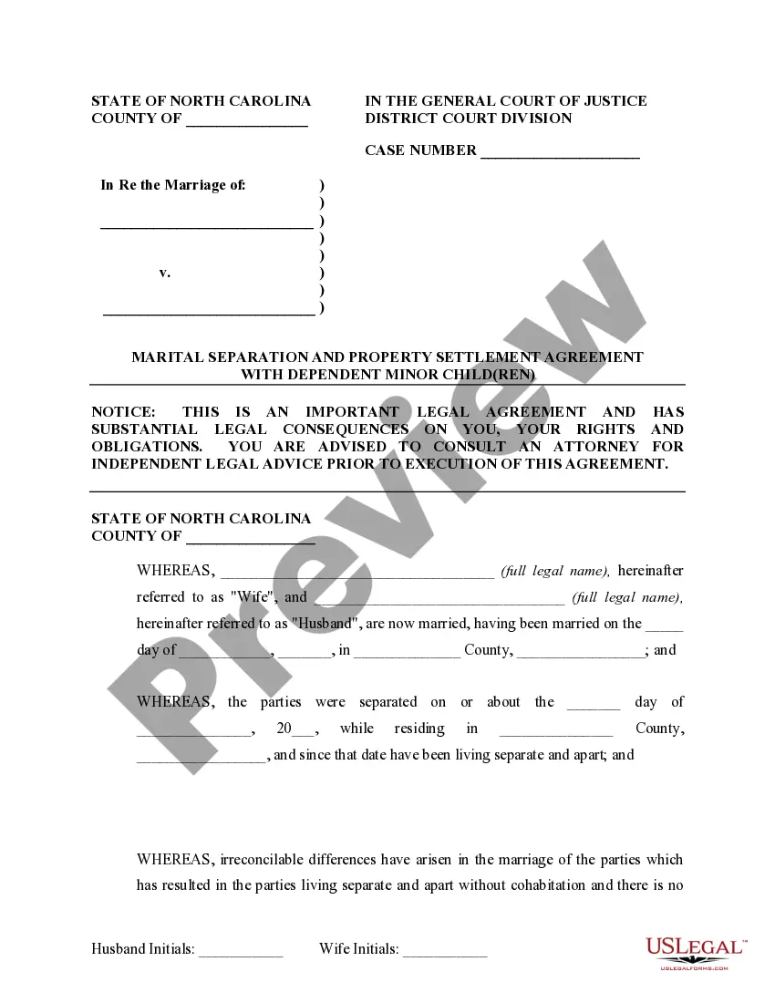 Preview Marital Domestic Separation and Property Settlement Agreement Minor Children no Joint Property or Debts where Divorce Action Filed