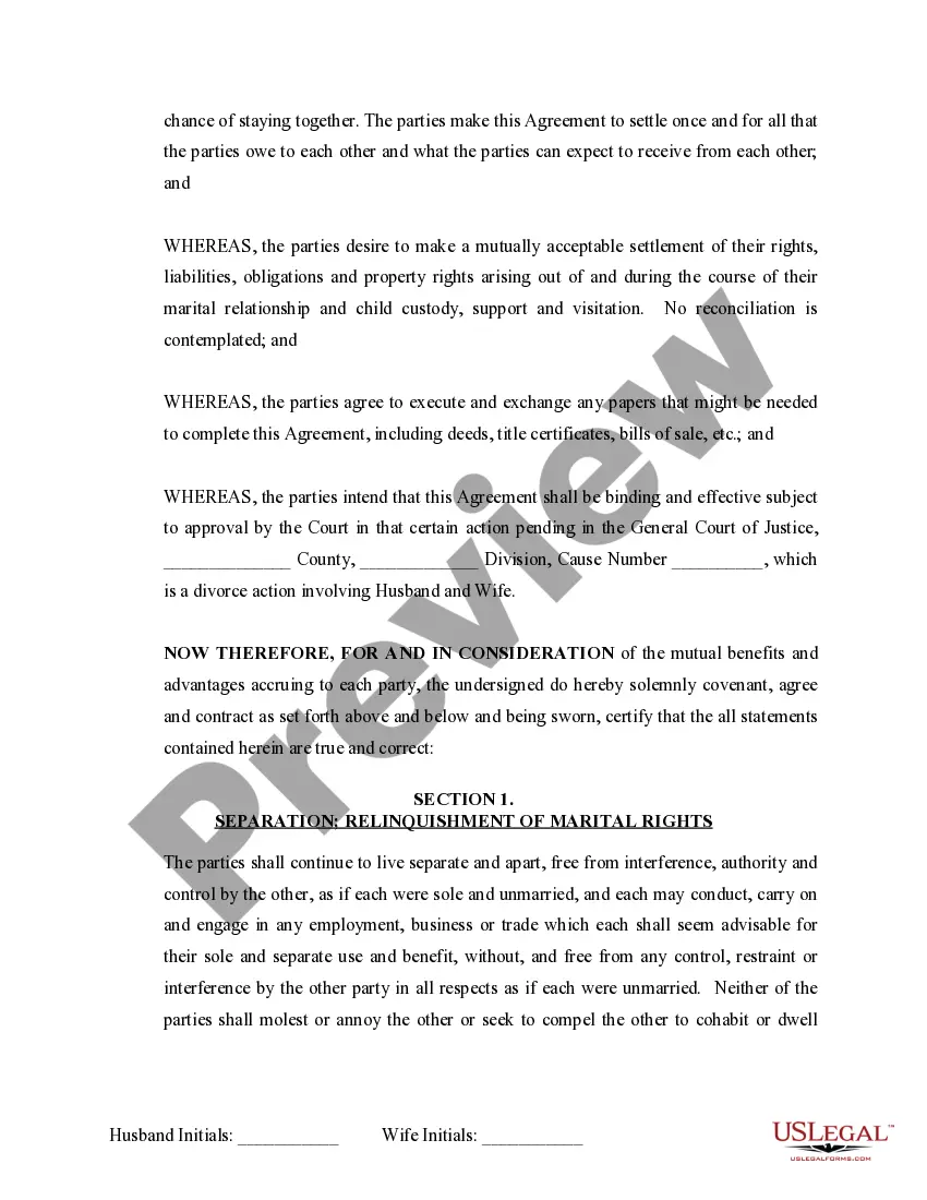 Preview Marital Domestic Separation and Property Settlement Agreement Minor Children no Joint Property or Debts where Divorce Action Filed