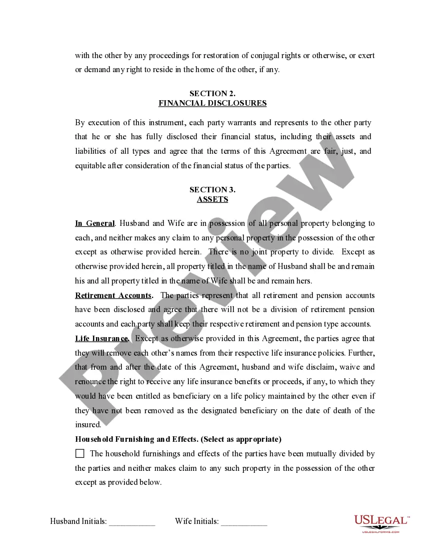 Preview Marital Domestic Separation and Property Settlement Agreement Minor Children no Joint Property or Debts where Divorce Action Filed