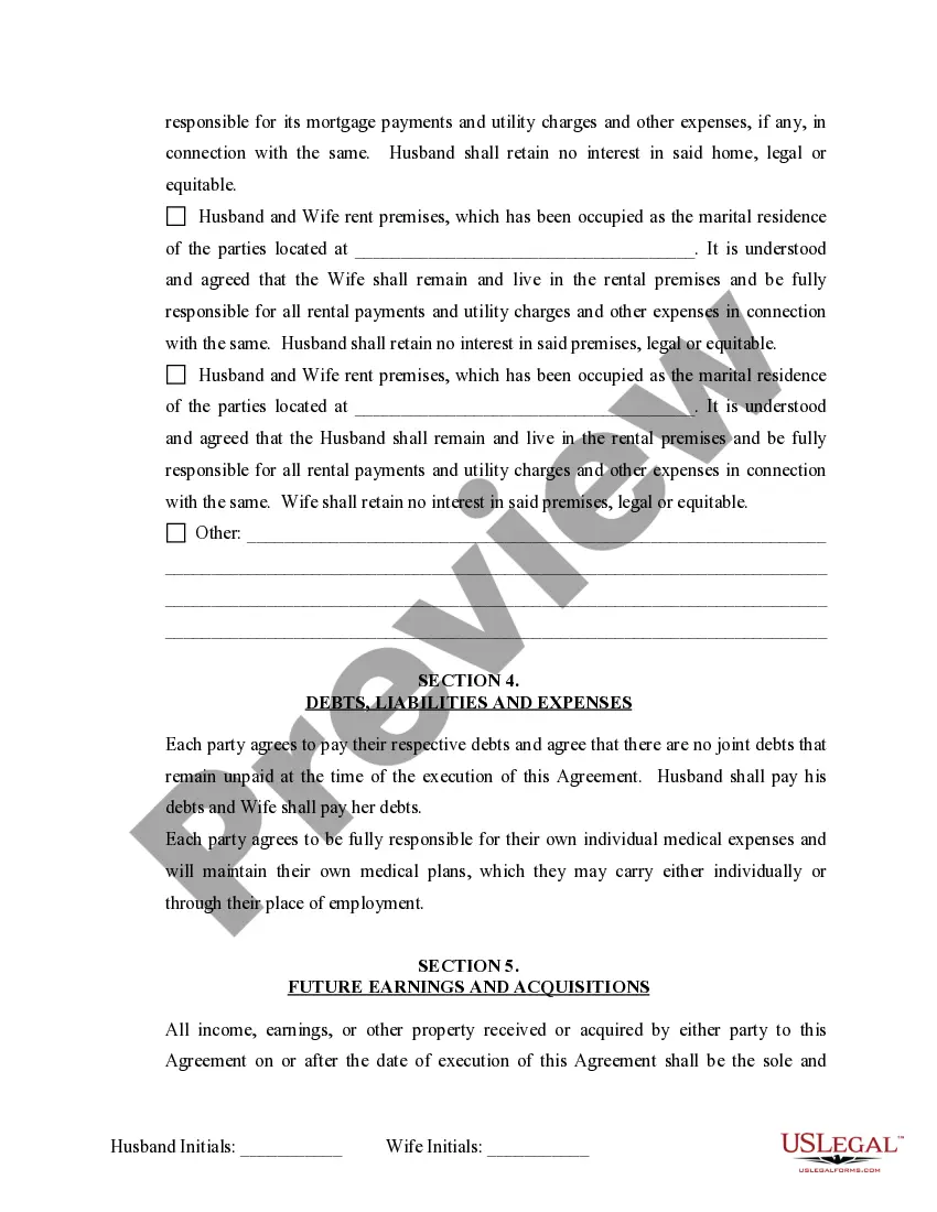 Preview Marital Domestic Separation and Property Settlement Agreement Minor Children no Joint Property or Debts where Divorce Action Filed