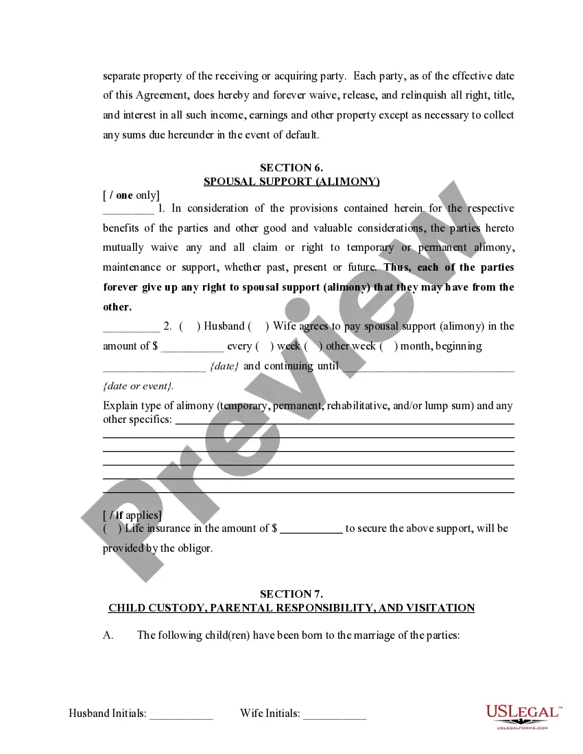 Preview Marital Domestic Separation and Property Settlement Agreement Minor Children no Joint Property or Debts where Divorce Action Filed