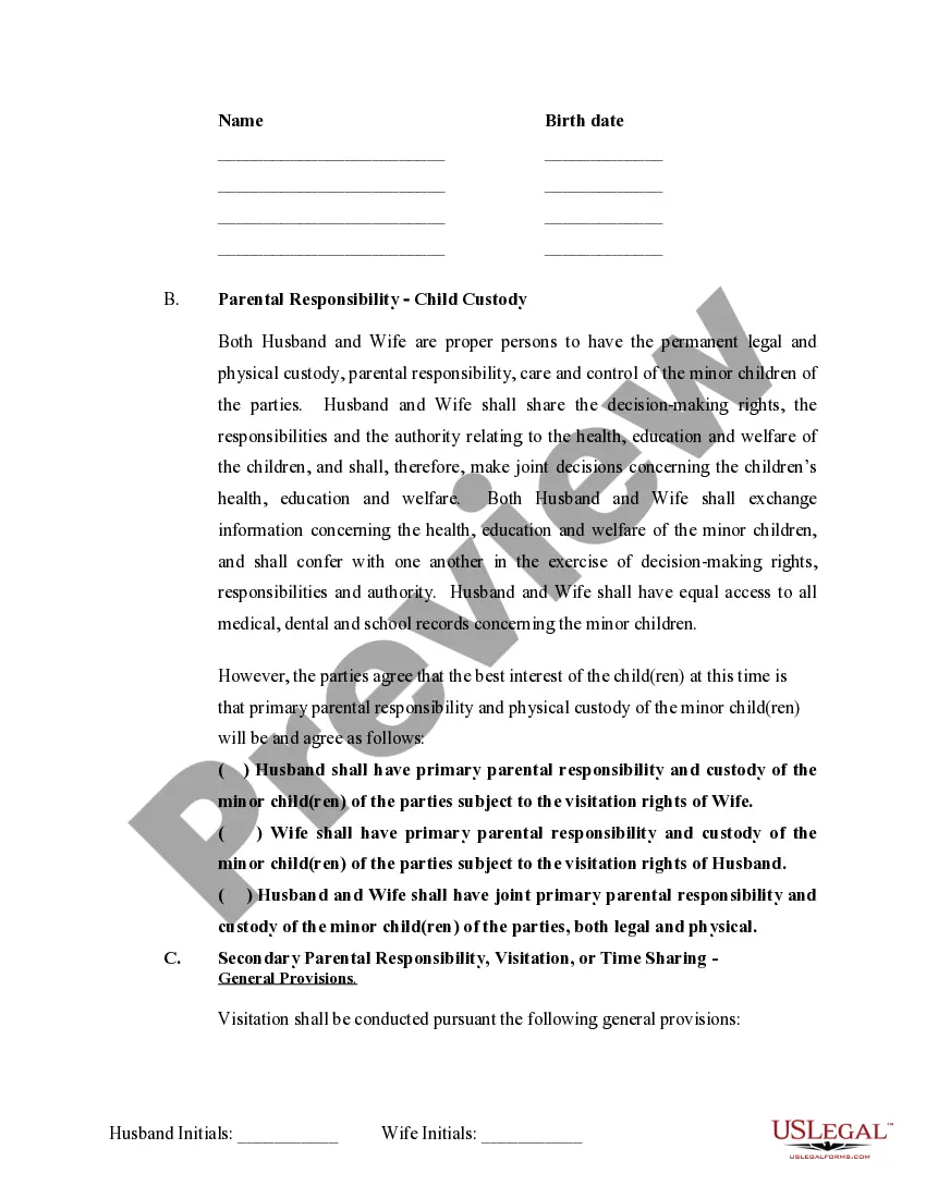 Preview Marital Domestic Separation and Property Settlement Agreement Minor Children no Joint Property or Debts where Divorce Action Filed