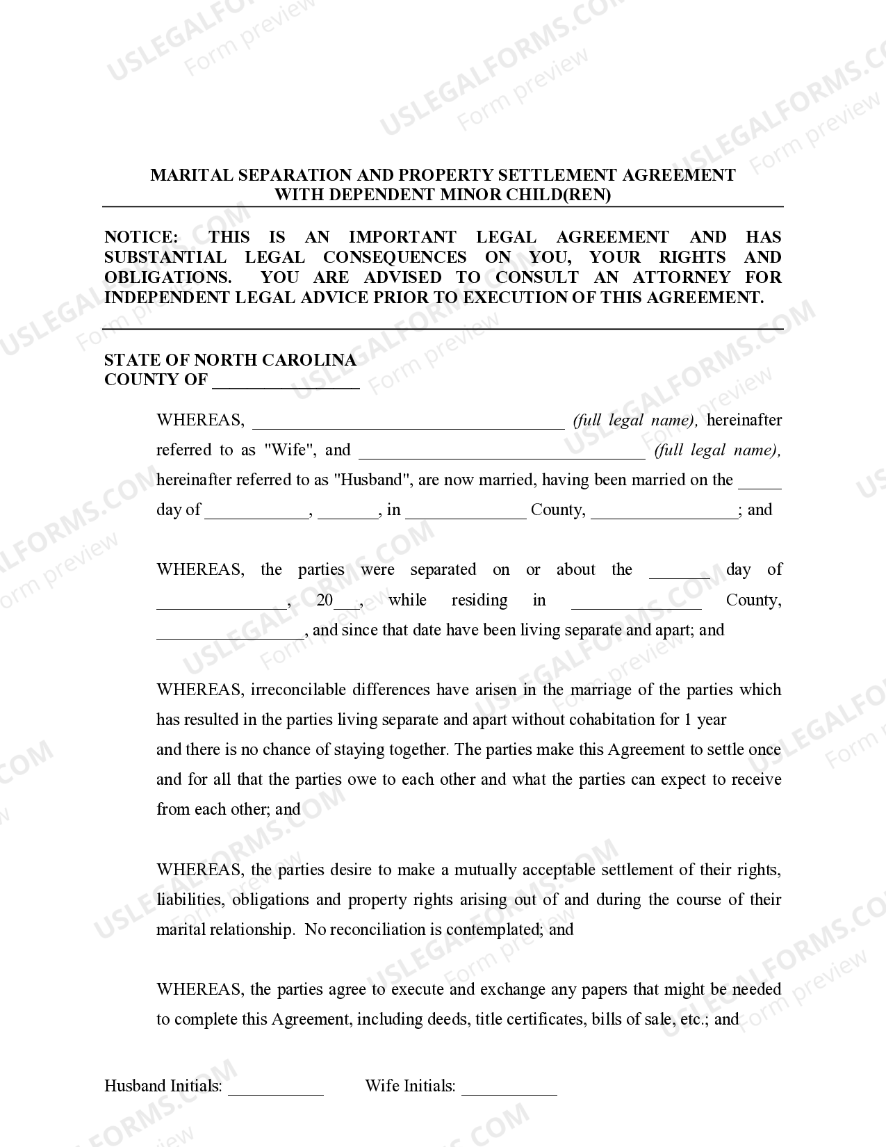 North Carolina Marital Domestic Separation and Property Settlement Agreement Minor Children no