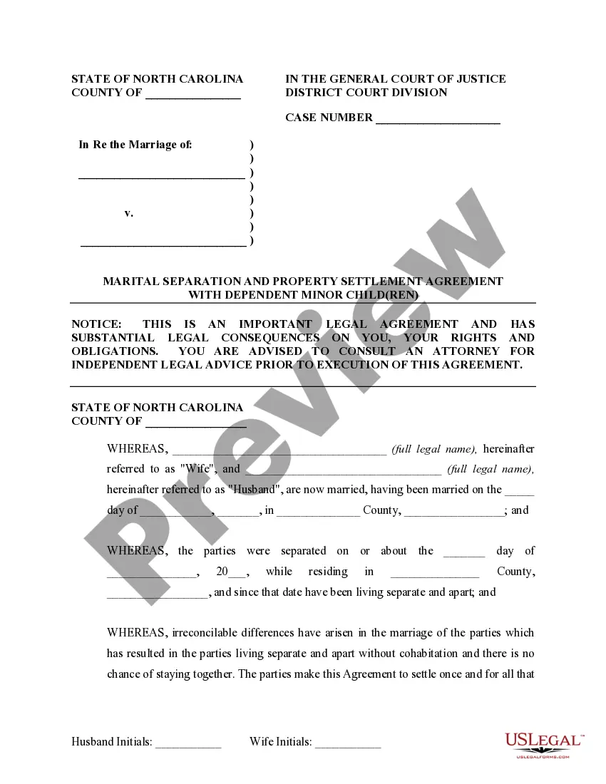 Preview Marital Domestic Separation and Property Settlement Agreement Minor Children Parties May have Joint Property or Debts where Divorce Action Filed