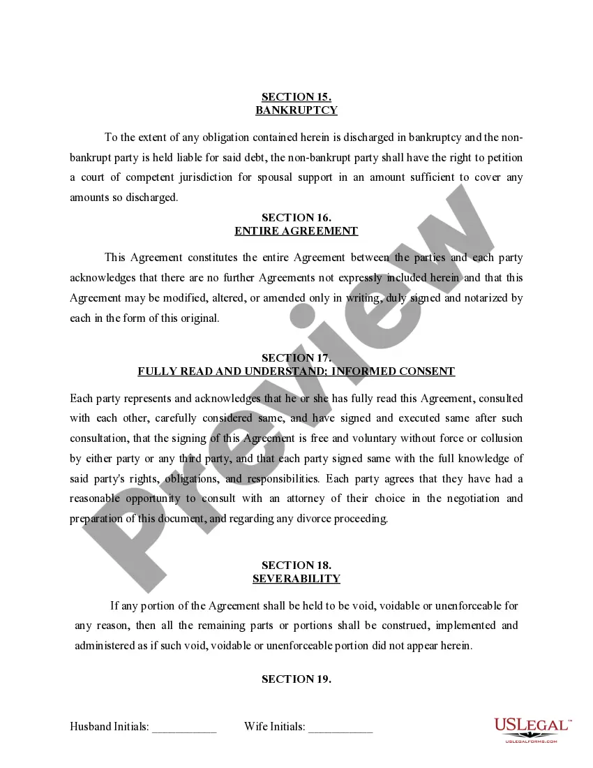 Preview Marital Domestic Separation and Property Settlement Agreement for persons with no Children, no Joint Property, or Debts Effective Immediately