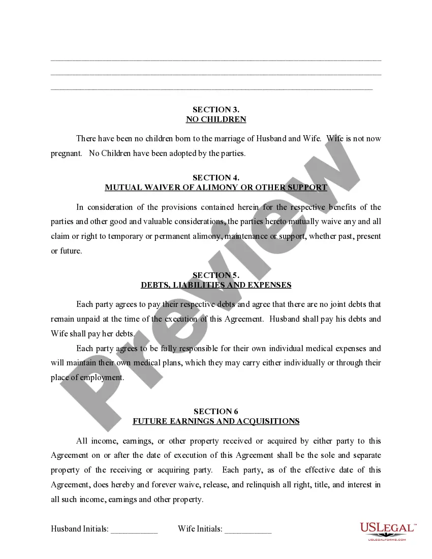 Preview Marital Domestic Separation and Property Settlement Agreement for persons with no Children, no Joint Property, or Debts Effective Immediately