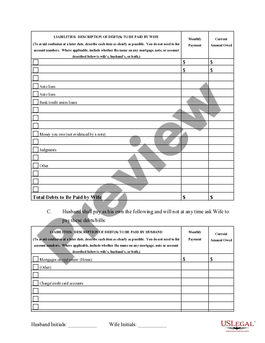 Preview Marital Domestic Separation and Property Settlement Agreement no Children parties may have Joint Property or Debts where Divorce Action Filed
