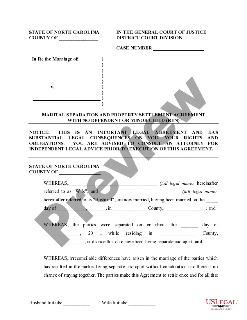 Preview Marital Domestic Separation and Property Settlement Agreement no Children parties may have Joint Property or Debts where Divorce Action Filed