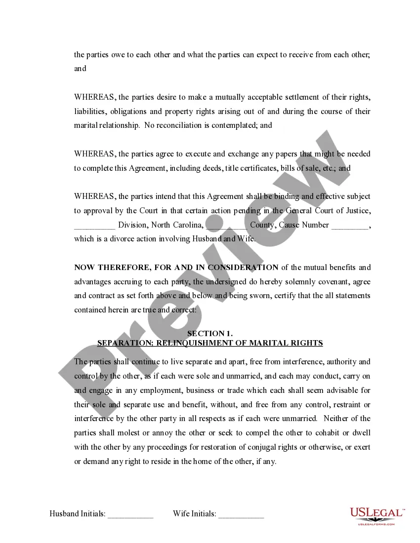 Preview Marital Domestic Separation and Property Settlement Agreement no Children parties may have Joint Property or Debts where Divorce Action Filed