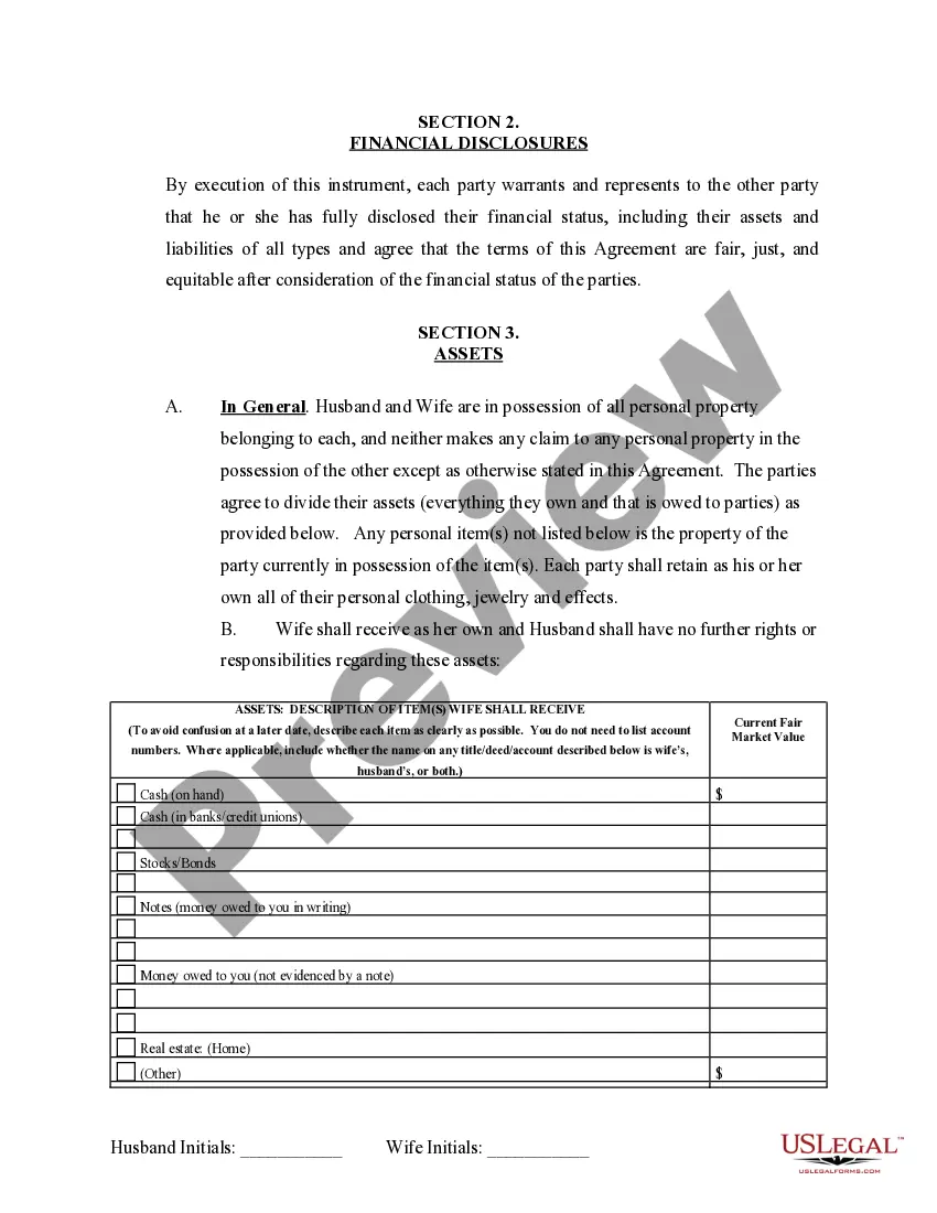 Preview Marital Domestic Separation and Property Settlement Agreement no Children parties may have Joint Property or Debts where Divorce Action Filed