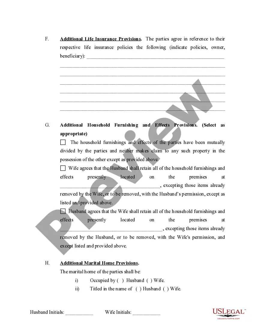 Preview Marital Domestic Separation and Property Settlement Agreement no Children parties may have Joint Property or Debts where Divorce Action Filed
