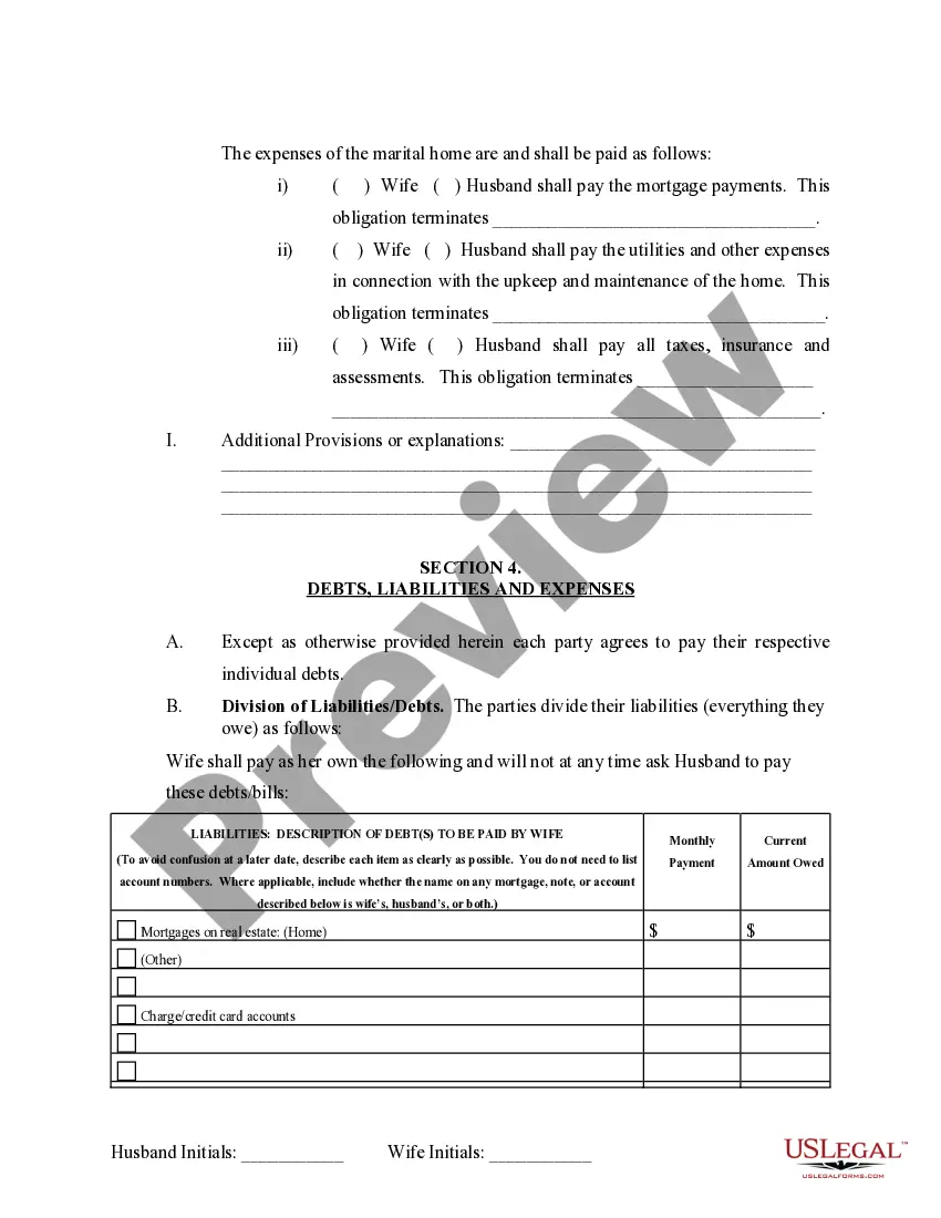 Preview Marital Domestic Separation and Property Settlement Agreement no Children parties may have Joint Property or Debts where Divorce Action Filed