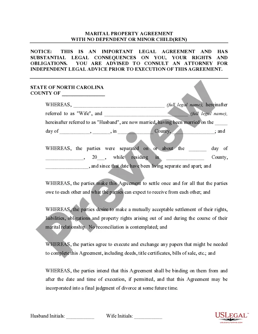 Preview Marital Domestic Separation and Property Settlement Agreement no Children parties may have Joint Property or Debts Effective Immediately