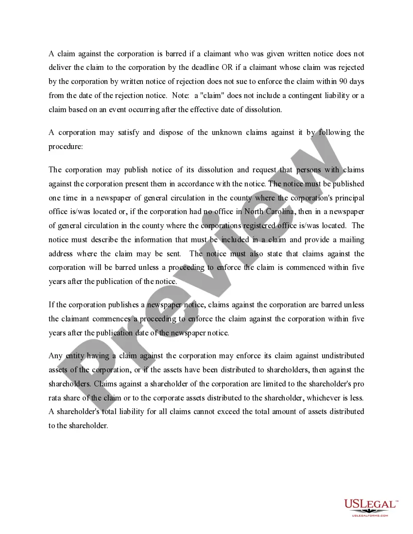 Get North Carolina Dissolution Package to Dissolve Corporation Preview North Carolina Dissolution Package to Dissolve Corporation