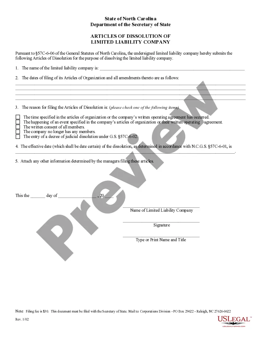 Get North Carolina Dissolution Package to Dissolve Limited Liability Company LLC Preview North Carolina Dissolution Package to Dissolve Limited Liability Company LLC