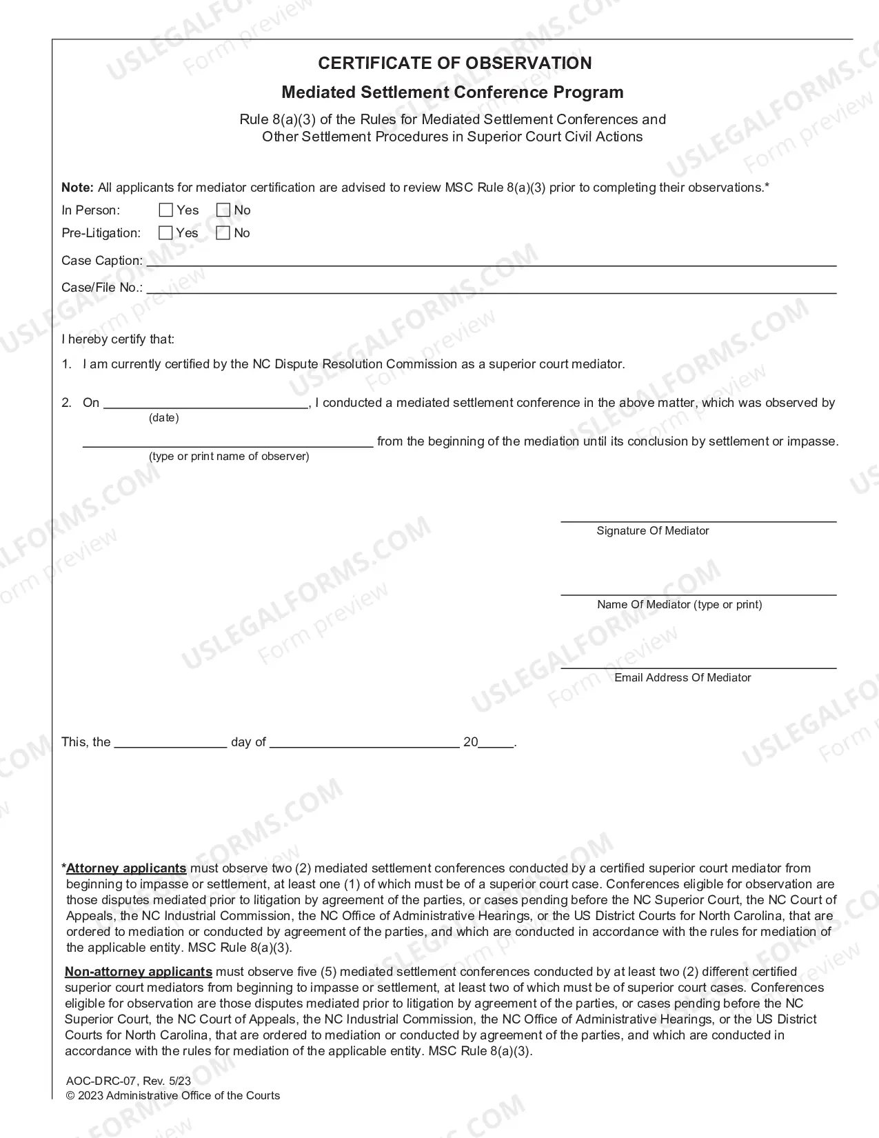 Preview Application for Certification to Conduct Superior Court Mediations