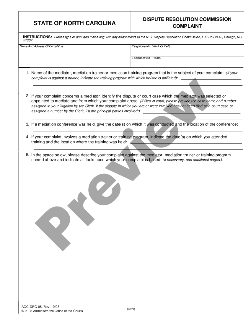 North Carolina Dispute Resolution Commission Complaint | US Legal Forms