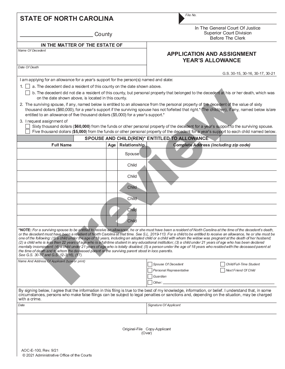 what is an application and assignment year's allowance north carolina