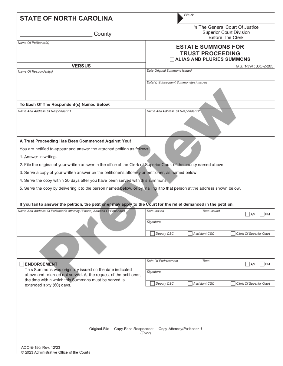 page 0 Estate Summons for Trust Proceeding - Alias and Pluries Summons preview