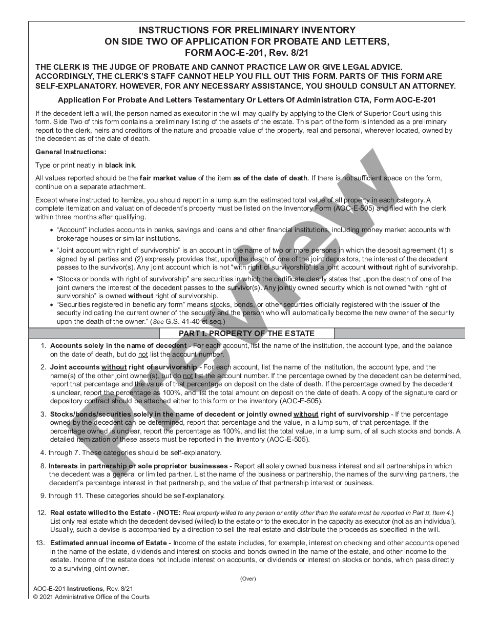 page 0 Instructions for Preliminary Inventory of Application for Probate and Letters preview