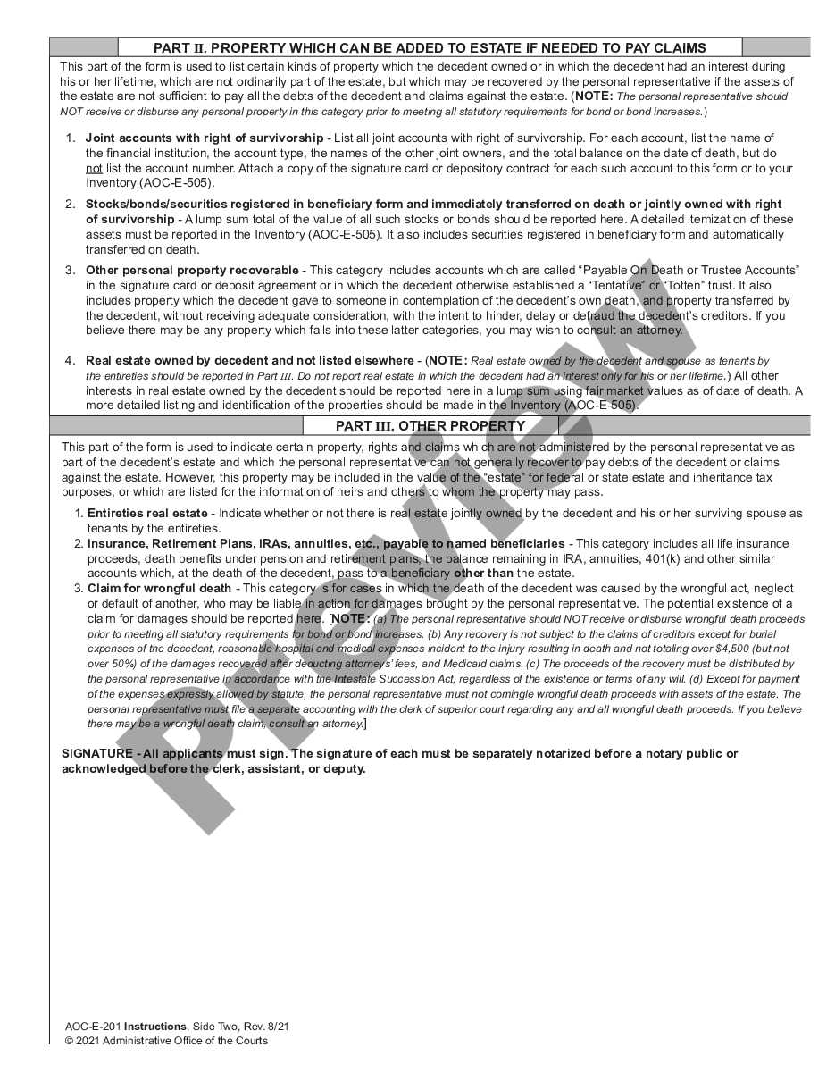 page 1 Instructions for Preliminary Inventory of Application for Probate and Letters preview