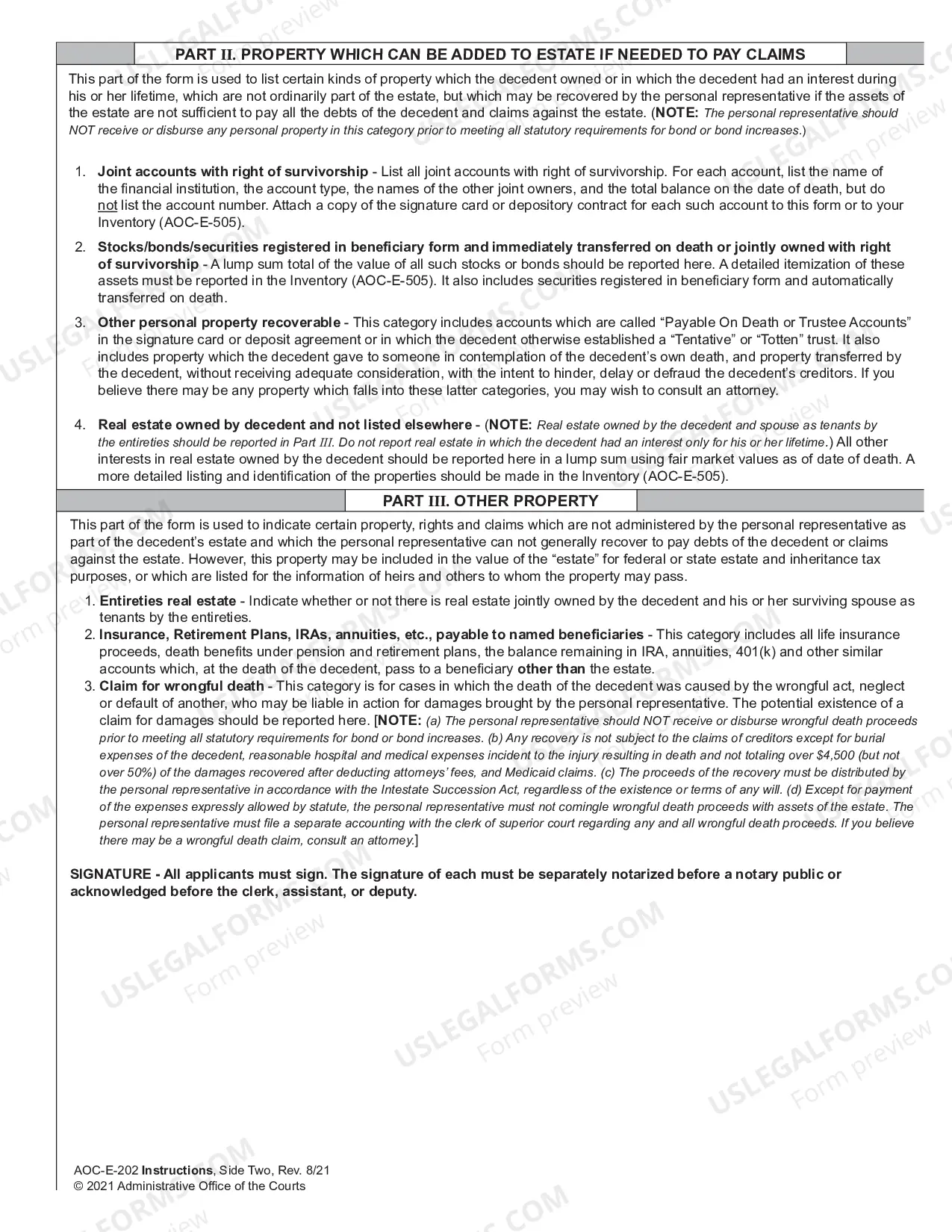 Preview Instructions for Preliminary Inventory of Application for Letters of Administration