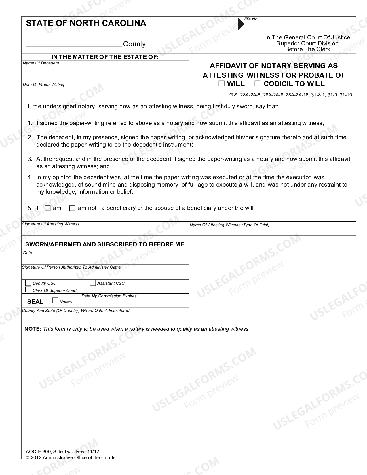 North Carolina Affidavit Of Subscribing Witnesses For Probate Of Will -  Codicil or Amendments to Will | US Legal Forms