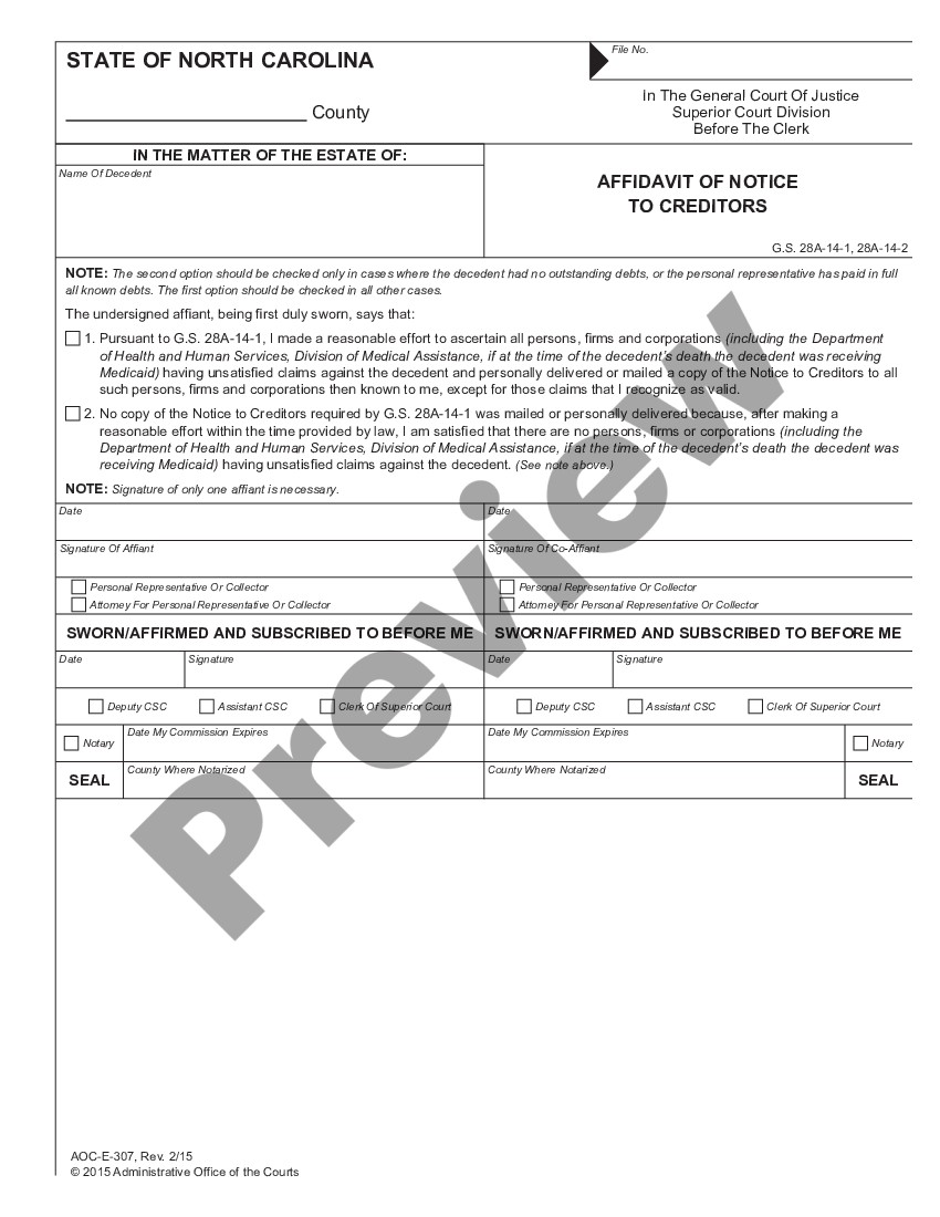 North Carolina Affidavit Of Notice To Creditors - Notice To Creditors ...