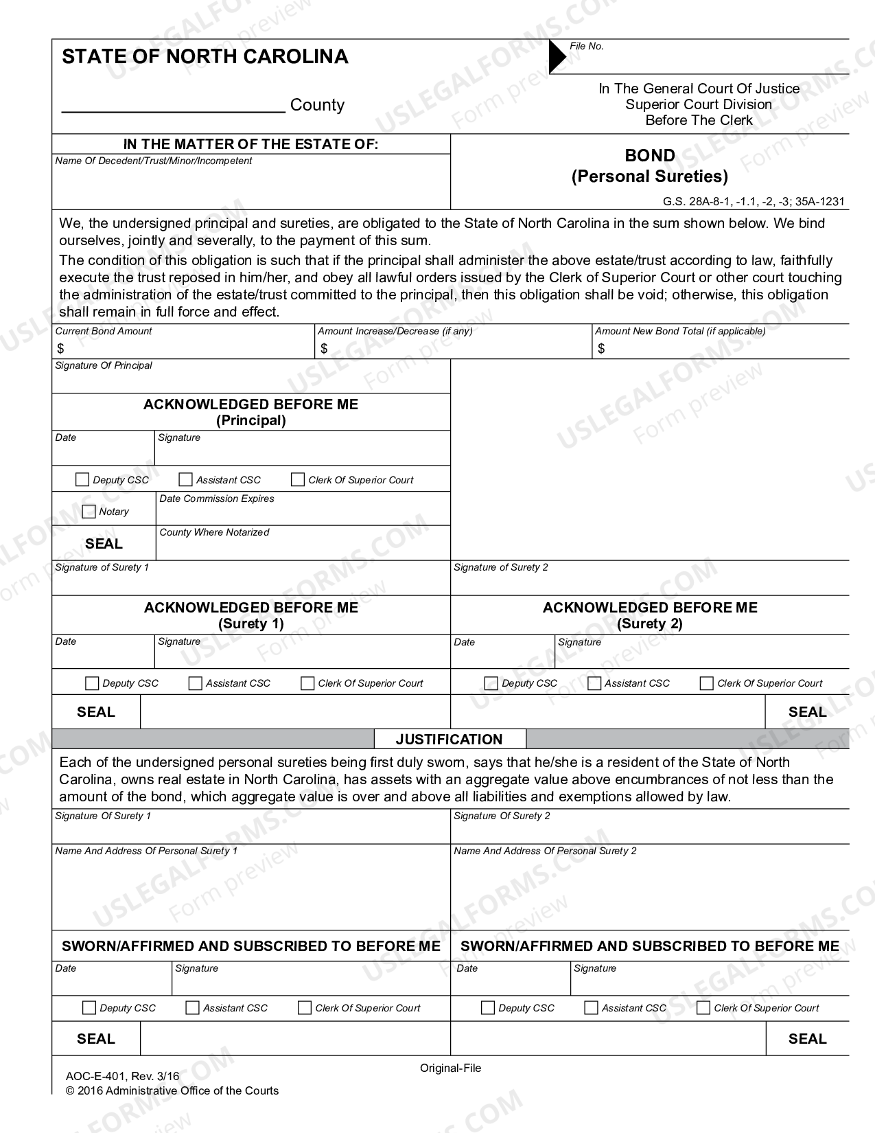 North Carolina Bond Corporate Surety (Side One) / Bond Personal