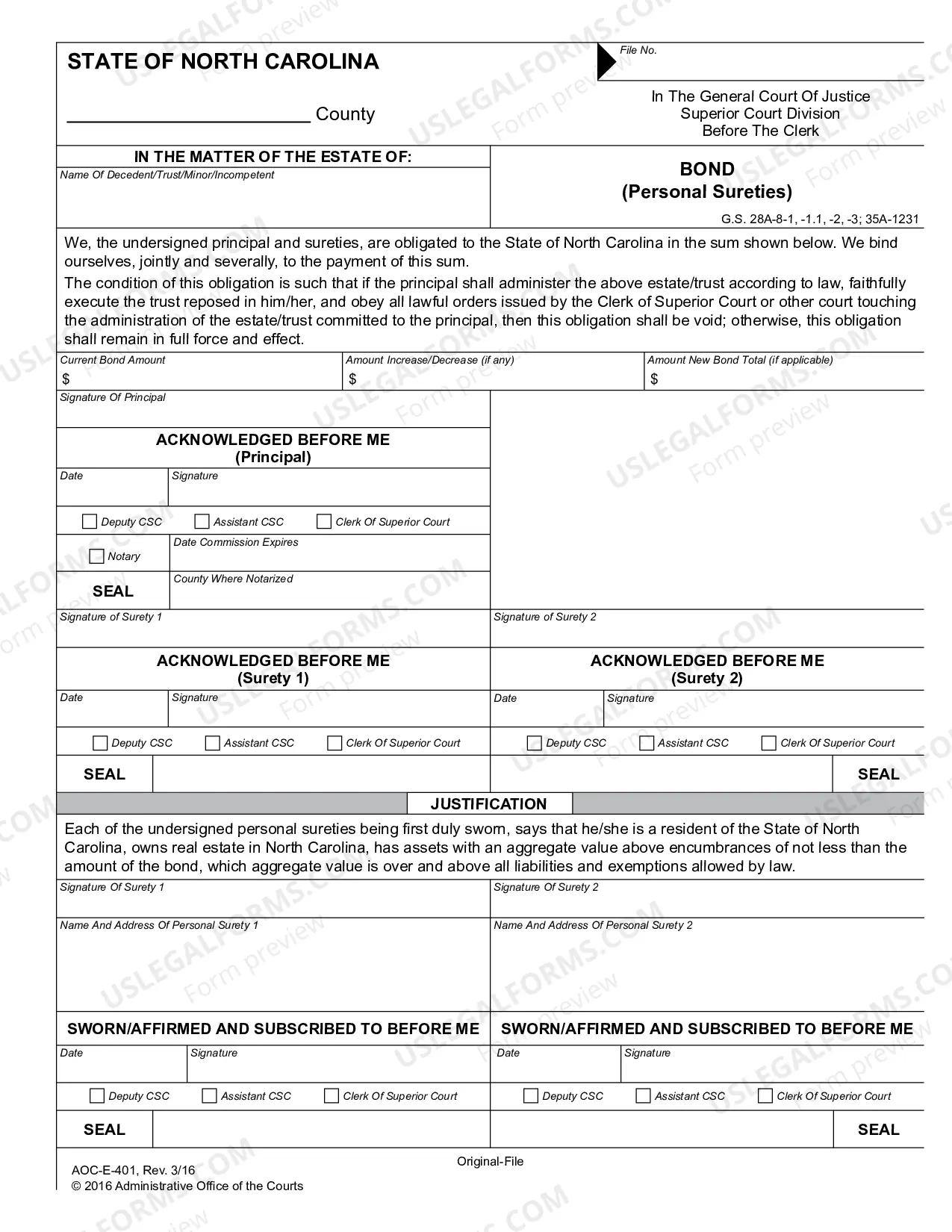 Preview Bond - Corporate Surety (Side One) / Bond - Personal Sureties (Side Two)